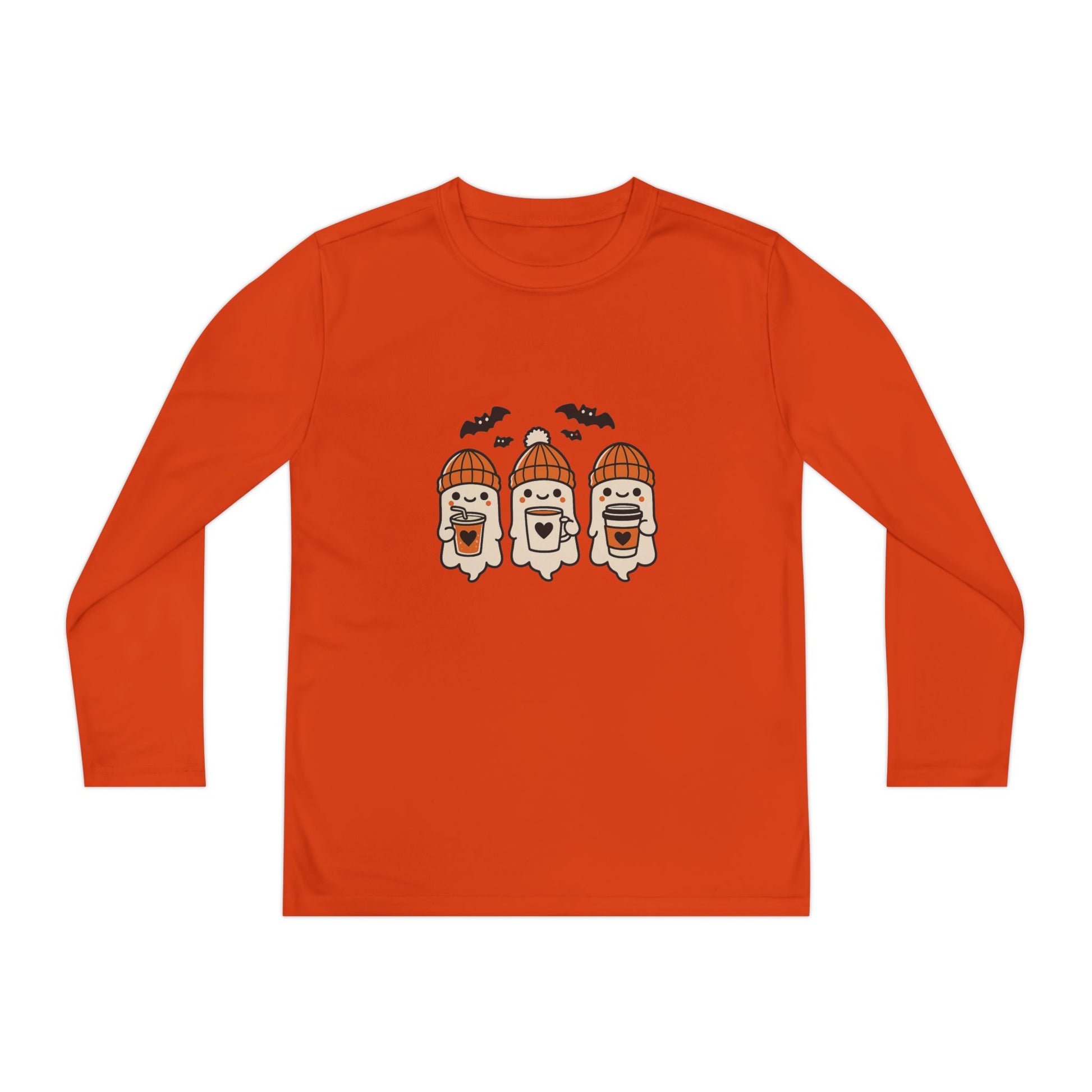 Halloween ghost beanie youth long sleeve shirt in orange, front view with three cute ghosts holding drinks under bats.