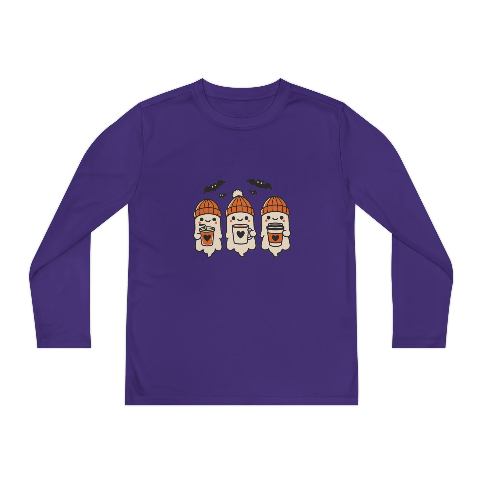 Purple Halloween ghost beanie youth long sleeve shirt, cozy fall design with three friendly ghosts.