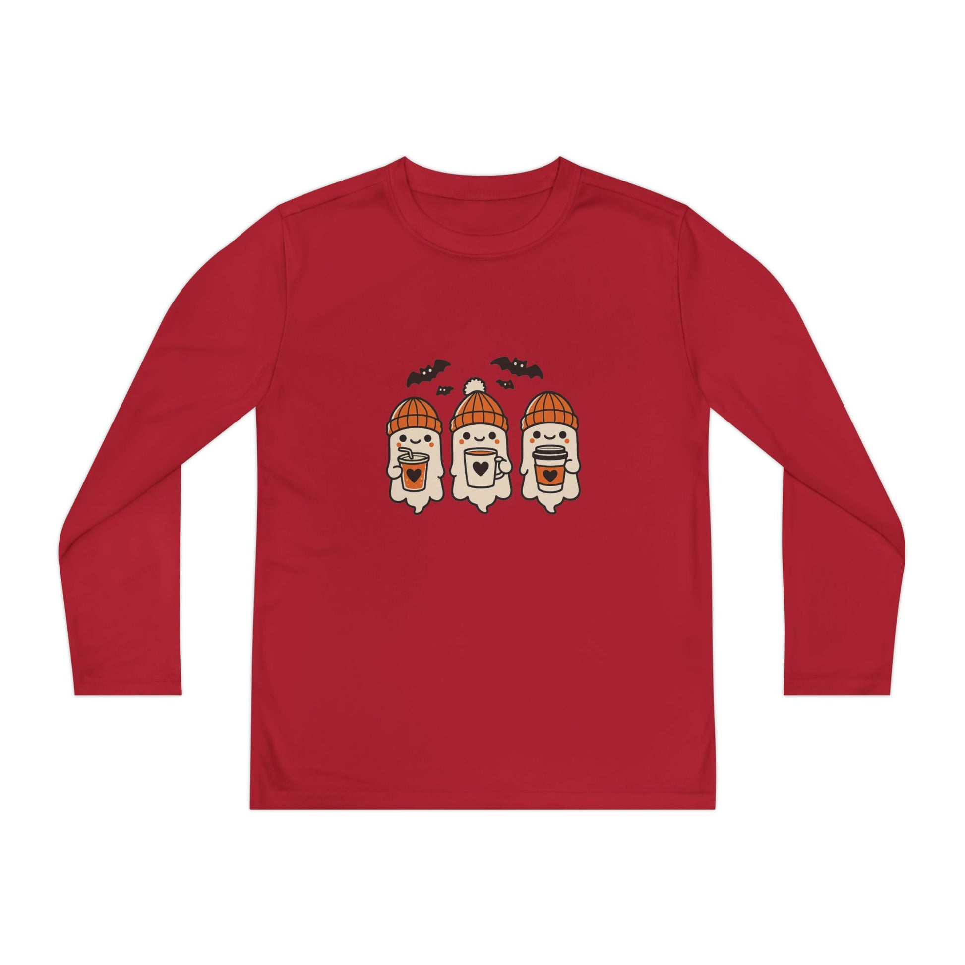 Red Halloween ghost beanie youth long sleeve tee, front view with three smiling ghosts in orange knit hats.