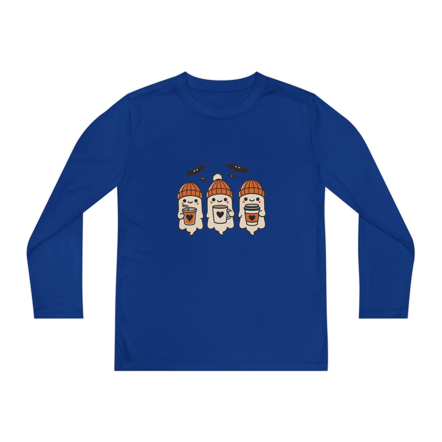 Royal blue Halloween ghost beanie youth long sleeve shirt, three cute ghosts in orange hats with bats.