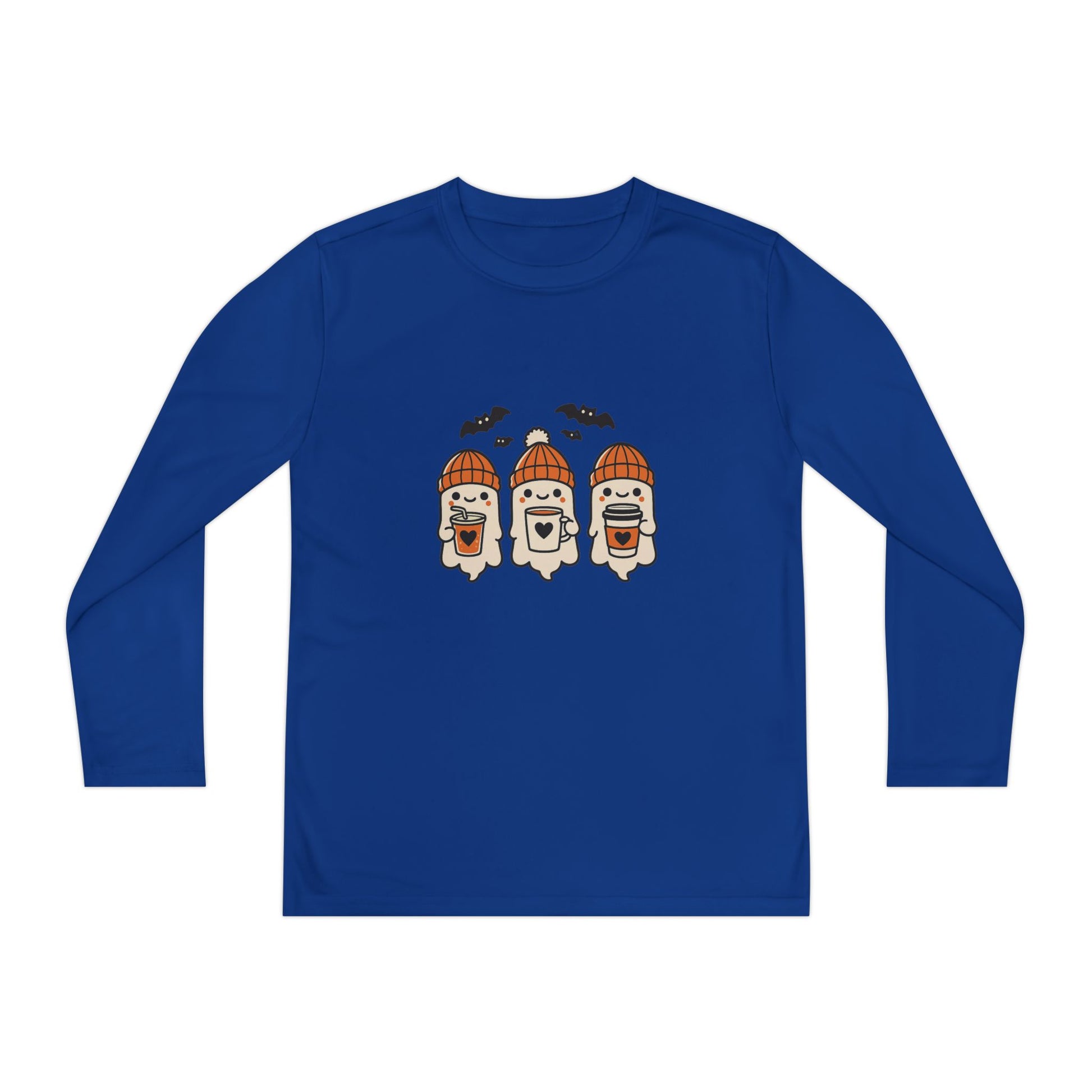 Royal blue Halloween ghost beanie youth long sleeve shirt, three cute ghosts in orange hats with bats.