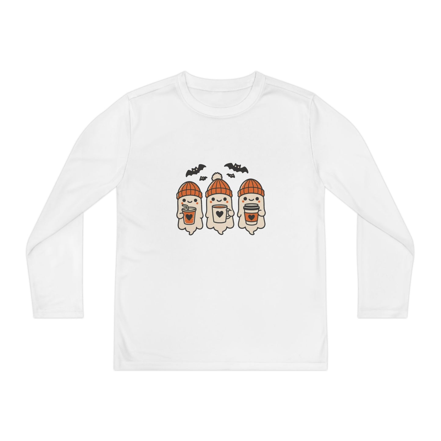 White Halloween ghost beanie youth long sleeve tee, festive fall shirt with three cute ghosts and bats.