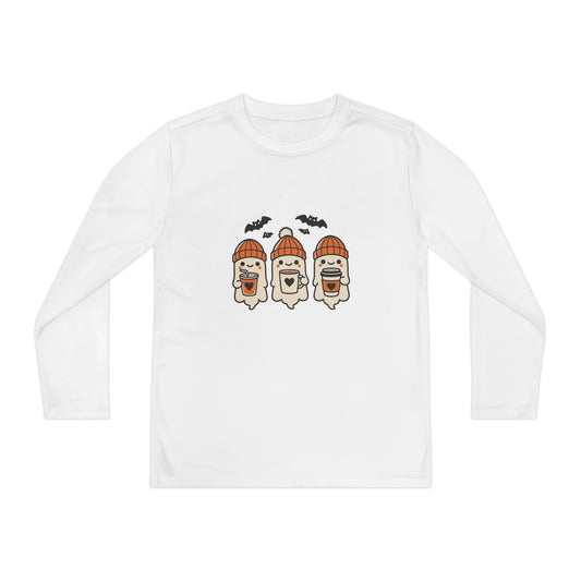 White Halloween ghost beanie youth long sleeve tee, festive fall shirt with three cute ghosts and bats.