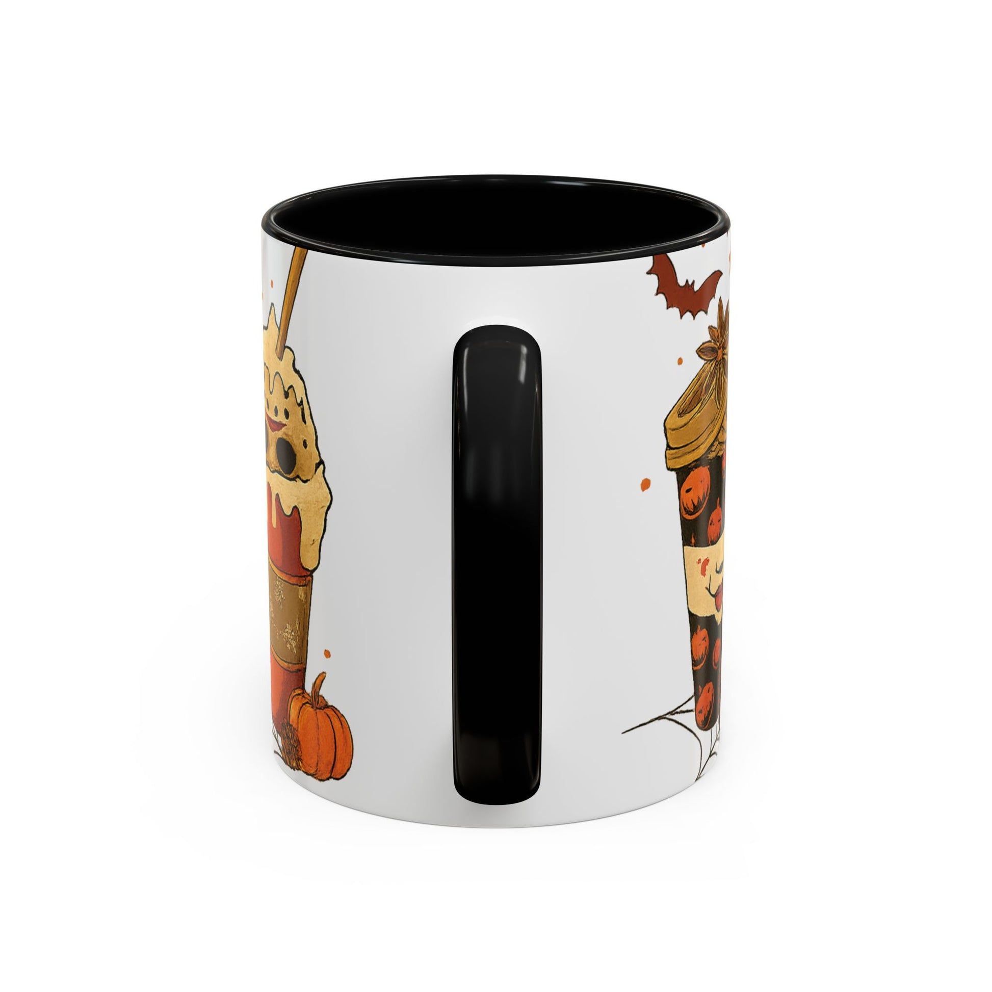 Black interior horror coffee mug back view with festive Halloween latte artwork