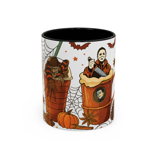 Black inside spooky coffee mug with Freddy Krueger and Michael Myers in creepy Halloween drink artwork with autumn details.
