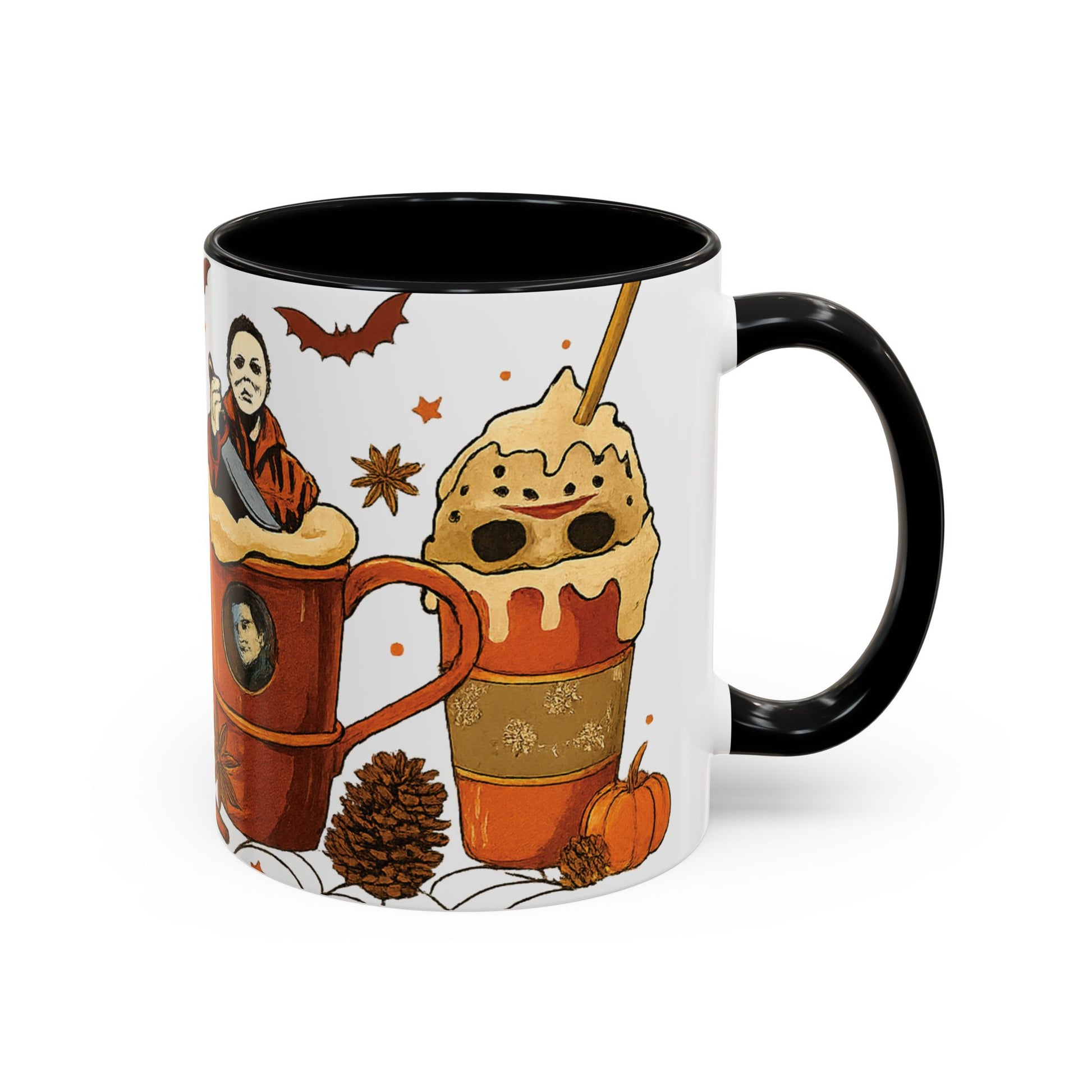 Black interior horror coffee mug side view with whipped cream latte and spooky fall design