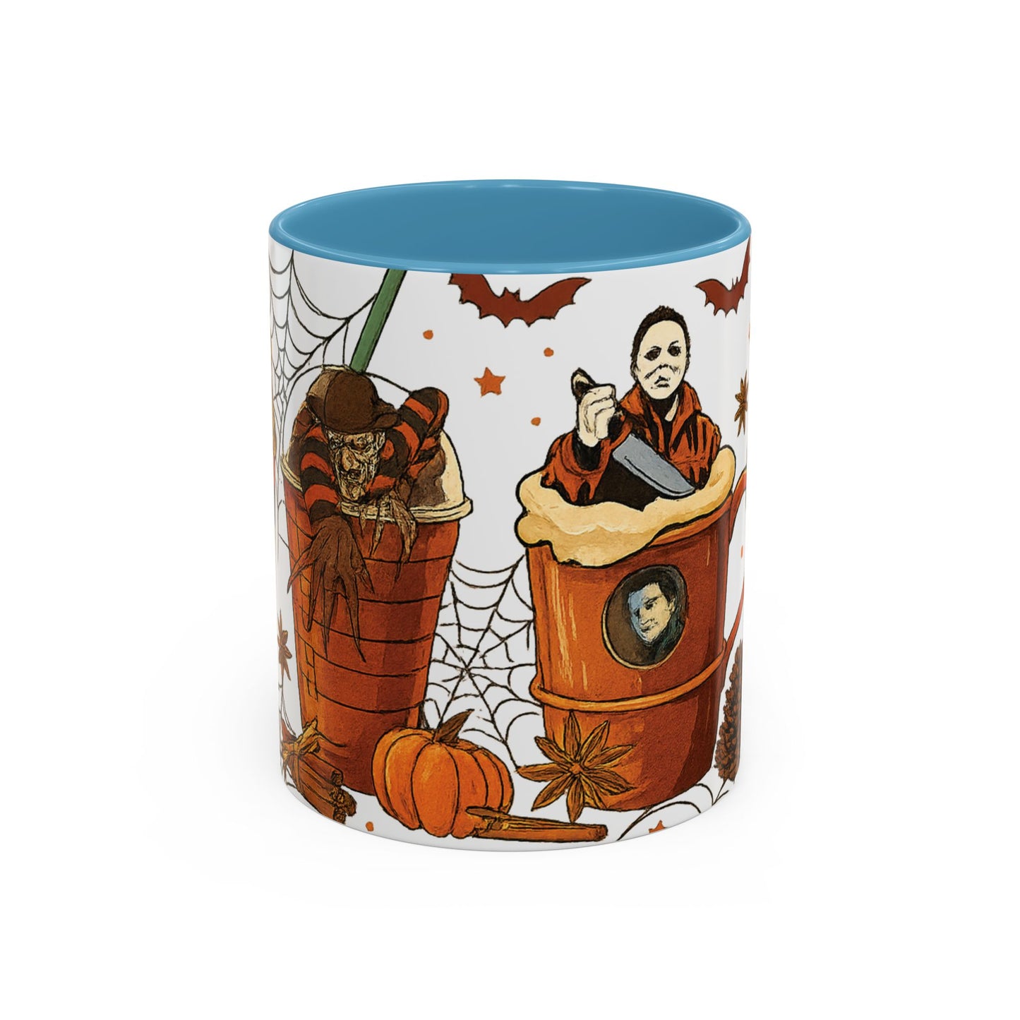 Blue interior Halloween mug with horror movie villains Freddy Krueger and Michael Myers in creepy fall drink design.