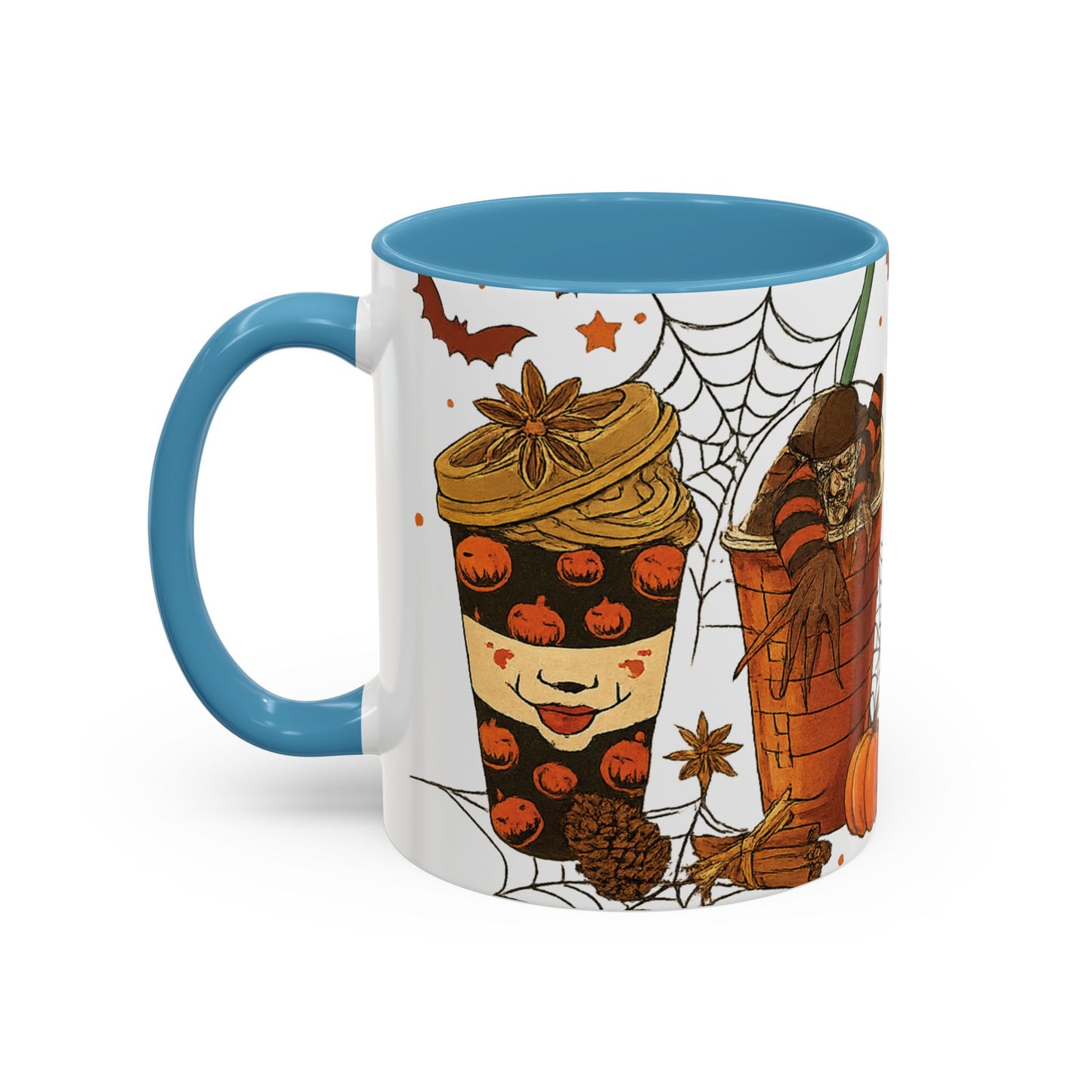 blue interior Halloween mug side view with creepy pumpkin clown cup design