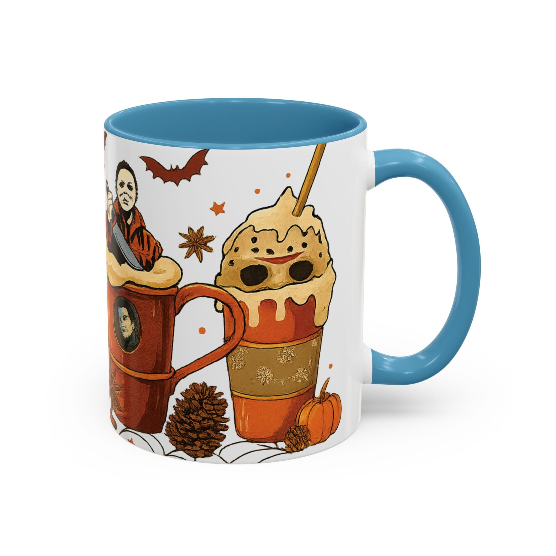 blue interior horror coffee mug side view with whipped cream latte and spooky fall design