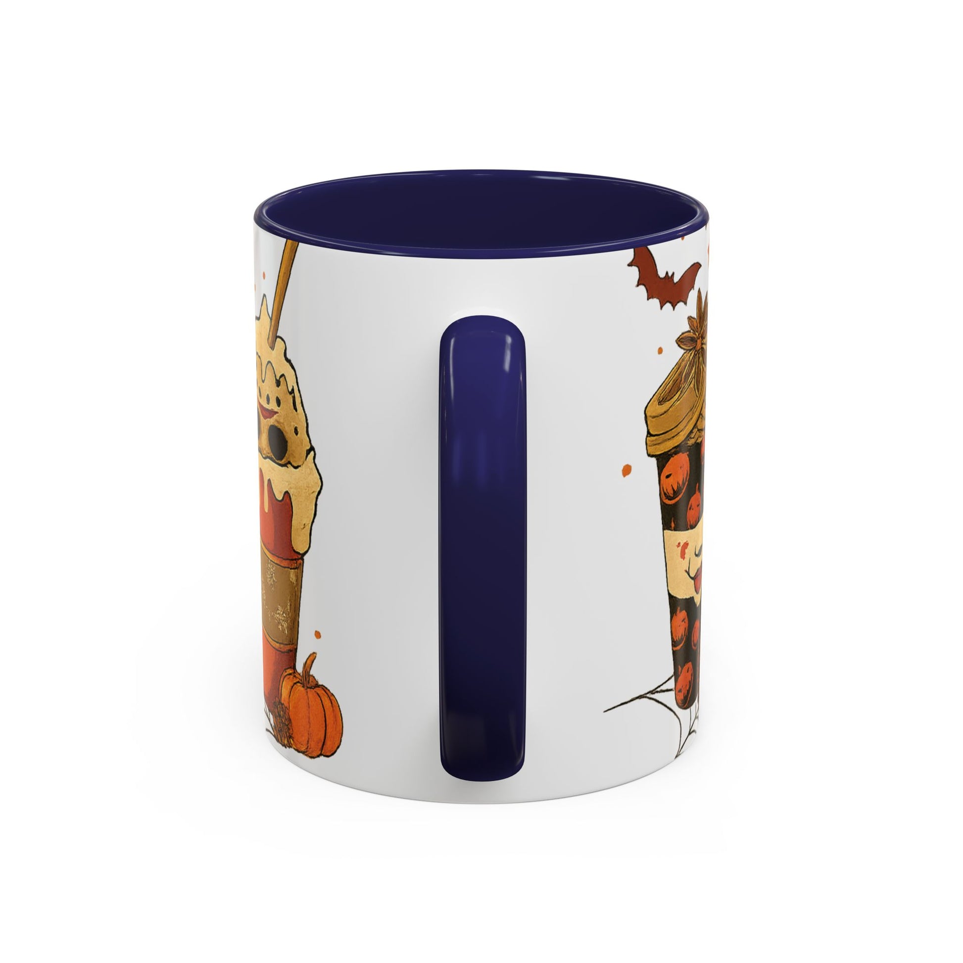 Navy interior horror coffee mug back view with Halloween latte design and handle
