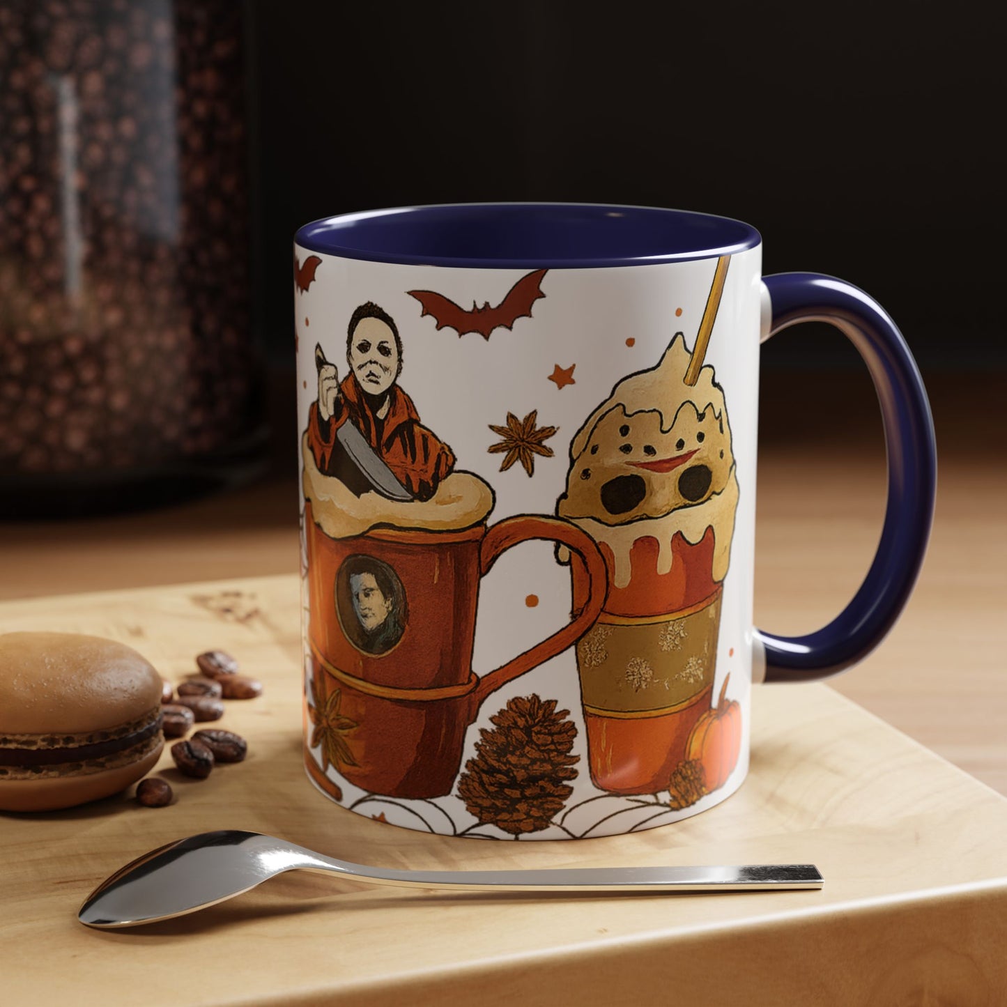 Navy interior Halloween coffee mug with horror movie characters in spooky latte cup design