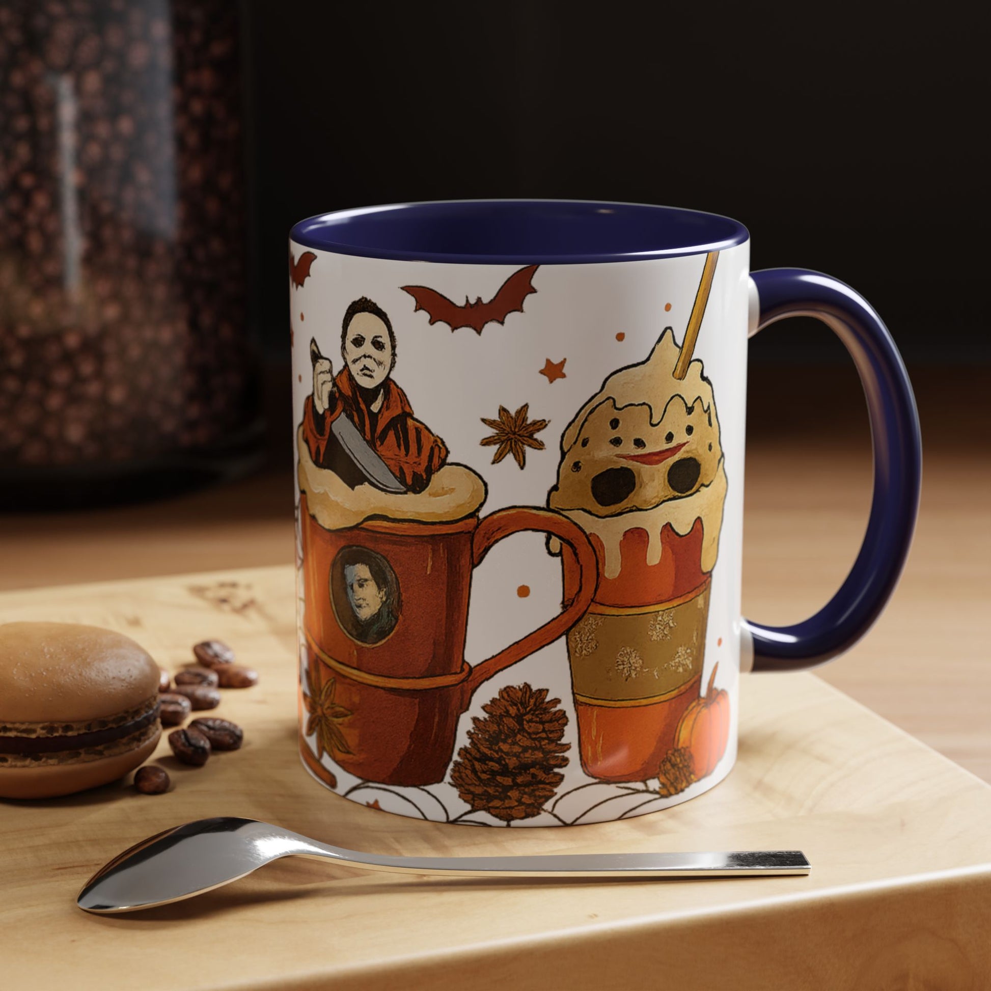 Navy interior Halloween coffee mug with horror movie characters in spooky latte cup design