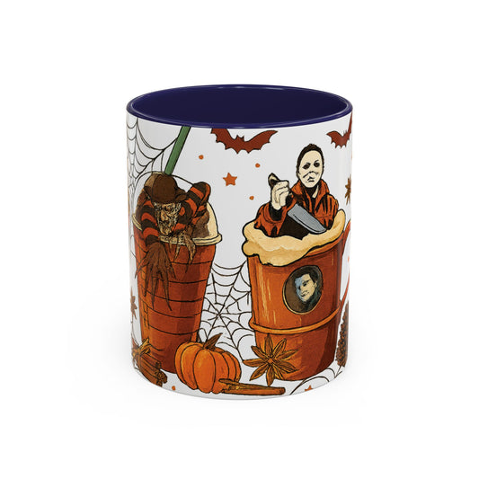Navy interior Halloween coffee mug decorated with Freddy Krueger and Michael Myers in fall drink theme with cobwebs and pumpkins.