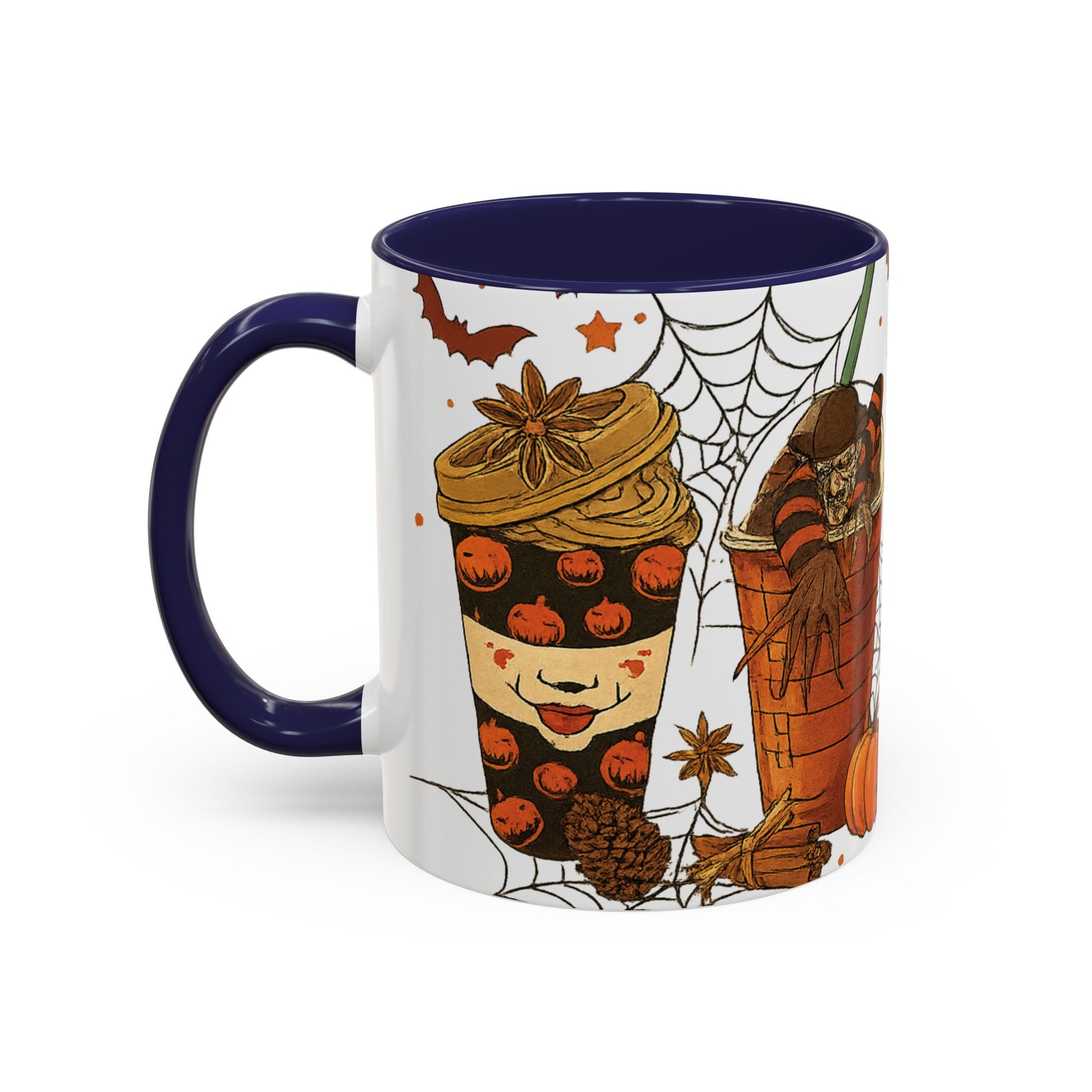 Navy interior Halloween mug side view with creepy clown pumpkin cup artwork