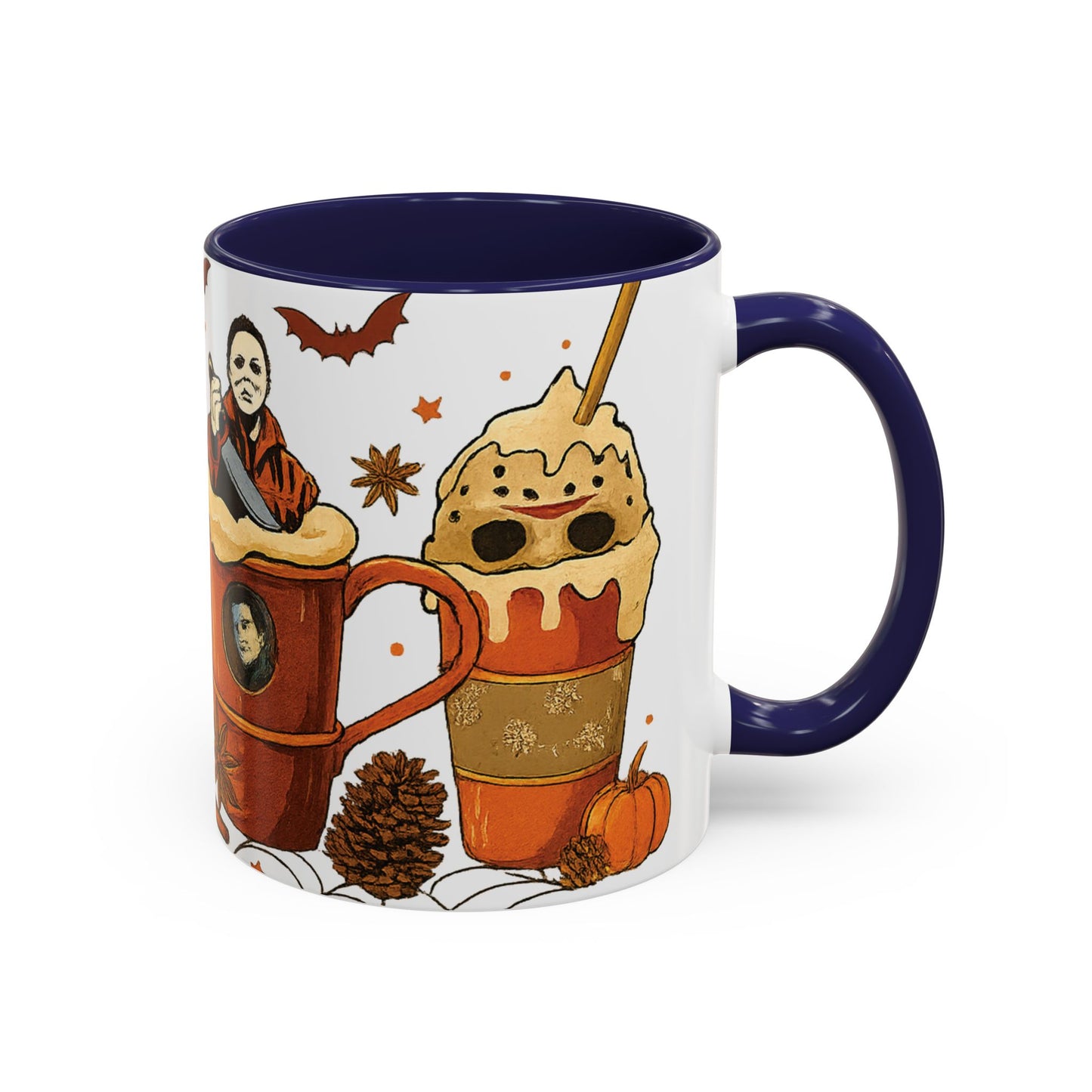 Navy interior horror coffee mug side view with whipped cream latte and spooky face design