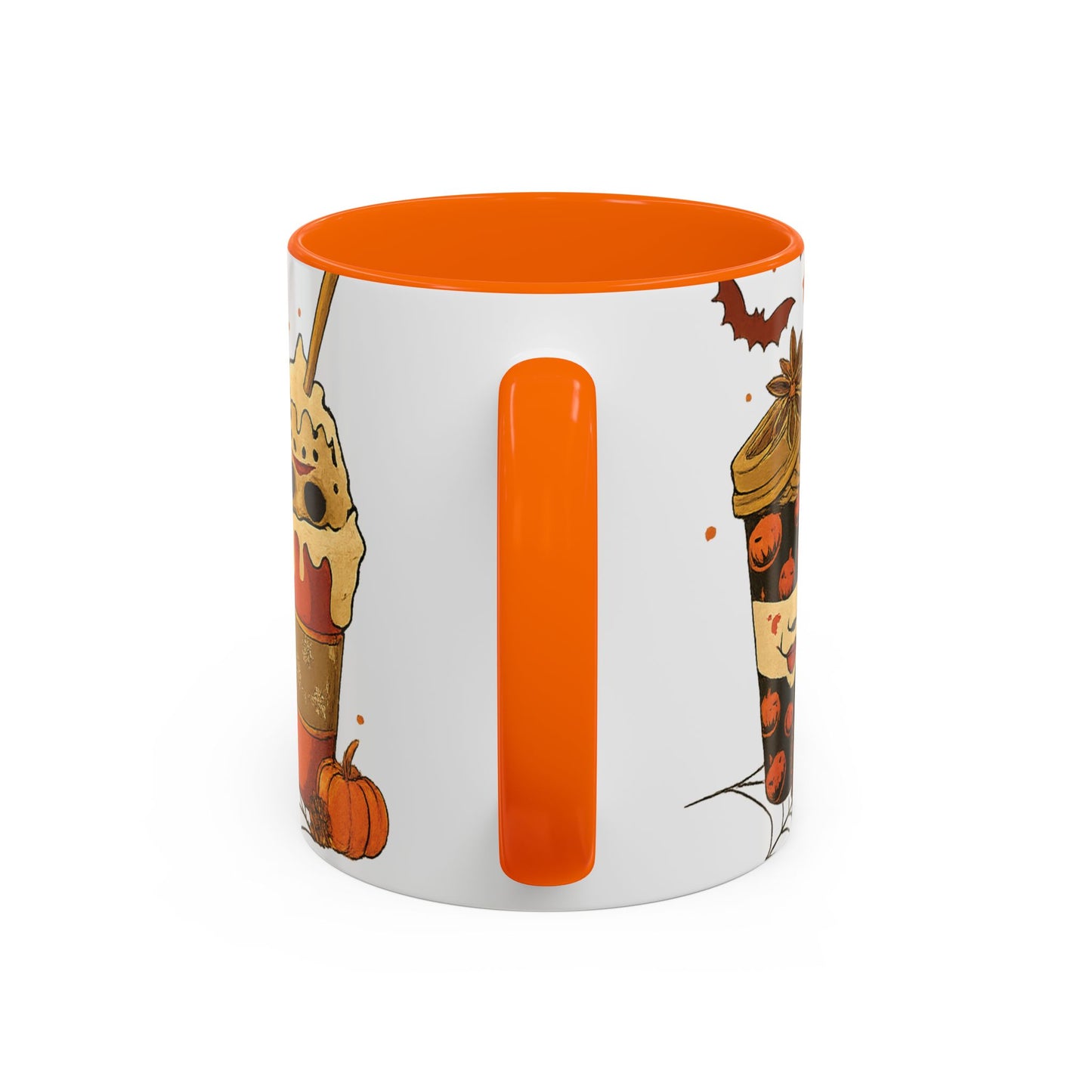 orange interior horror coffee mug back view with festive Halloween latte artwork
