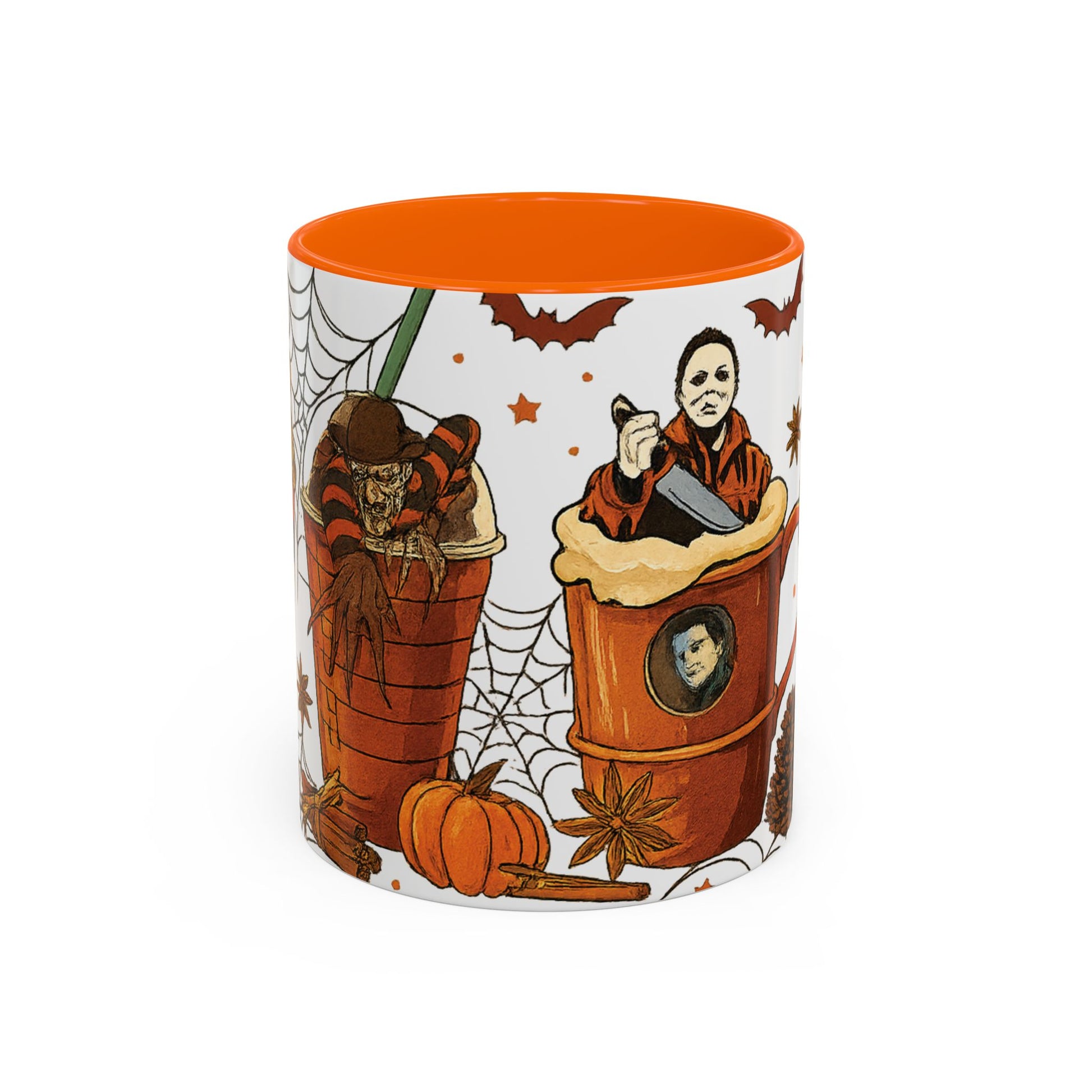 Spooky orange interior mug featuring horror movie drinks with Freddy Krueger, Michael Myers, pumpkins, cobwebs, and bats.