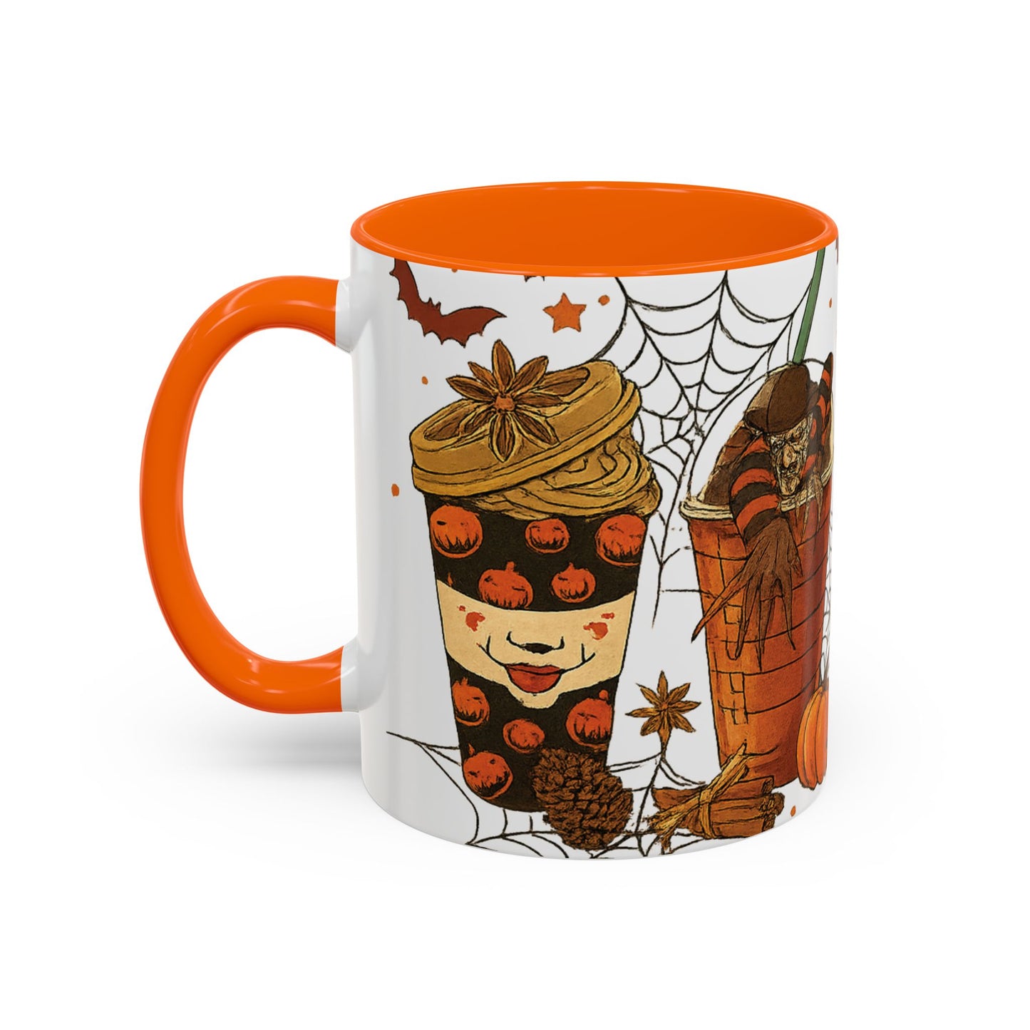 orange interior Halloween mug side view with creepy pumpkin clown cup design