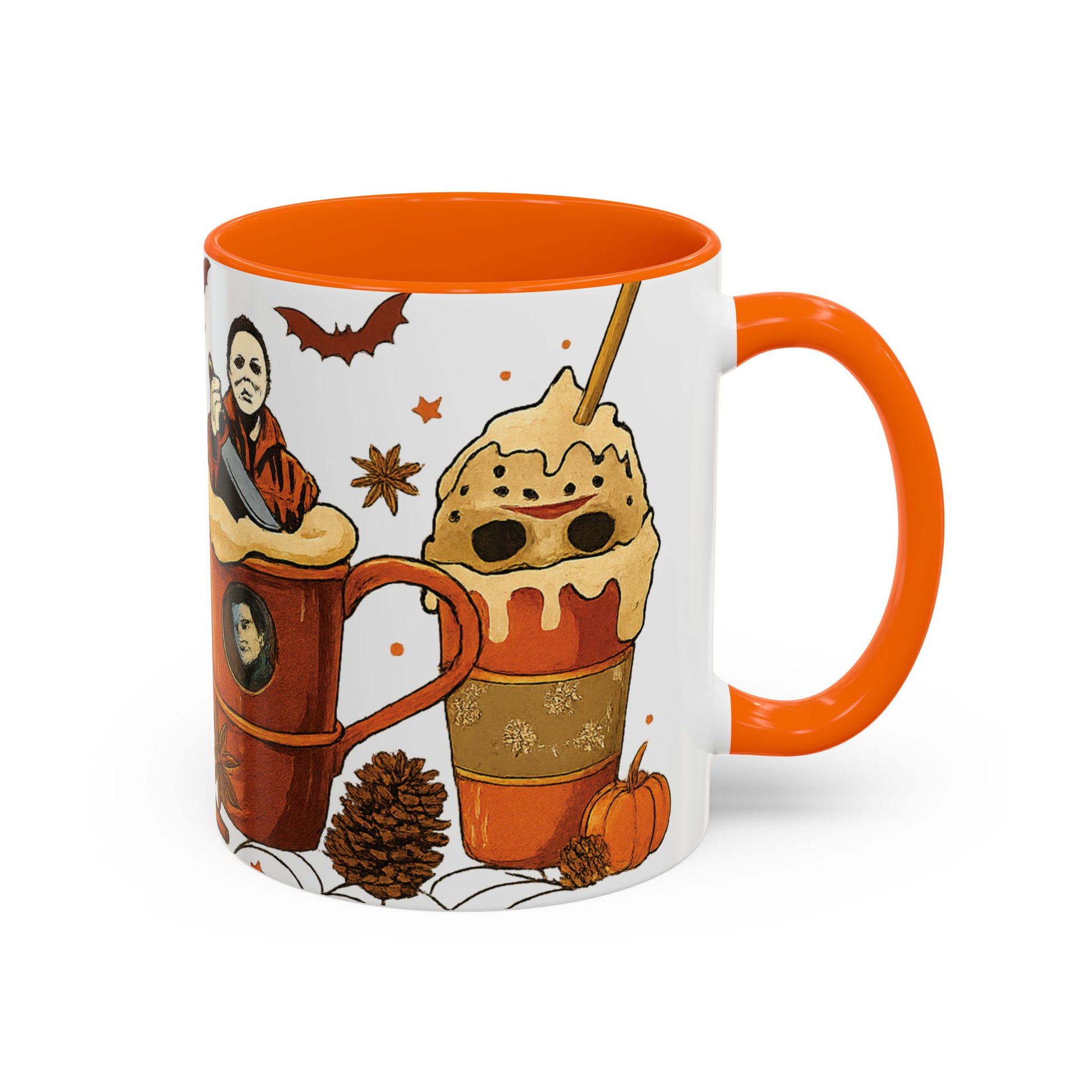 orange interior horror coffee mug side view with whipped cream latte and spooky fall design