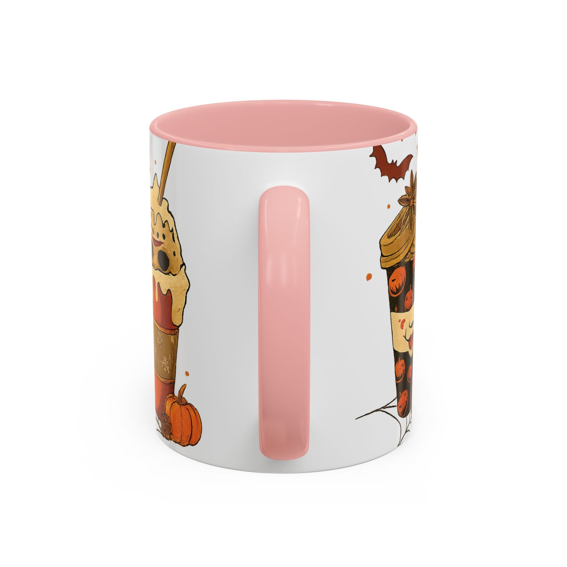 pink interior horror coffee mug back view with festive Halloween latte artwork