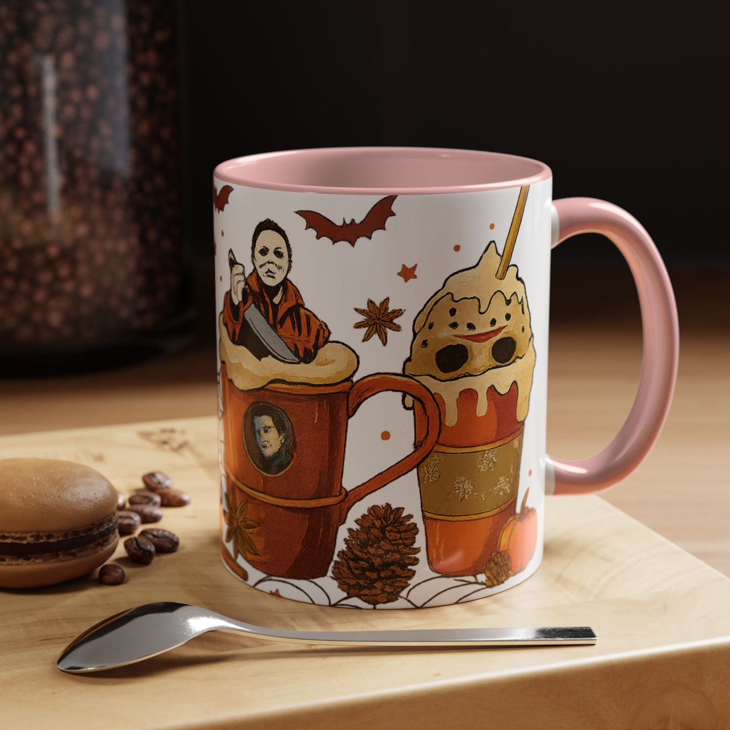 pink interior Halloween coffee mug with spooky horror characters inside fall latte drinks