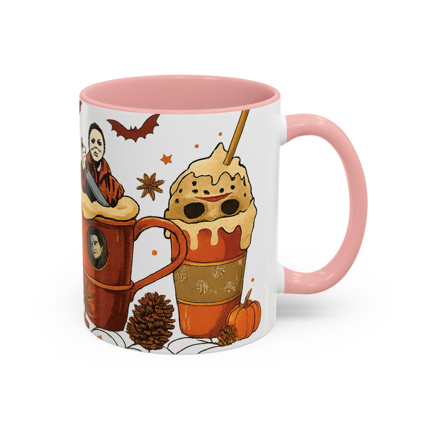 Pink interior horror coffee mug side view with whipped cream latte and spooky fall design