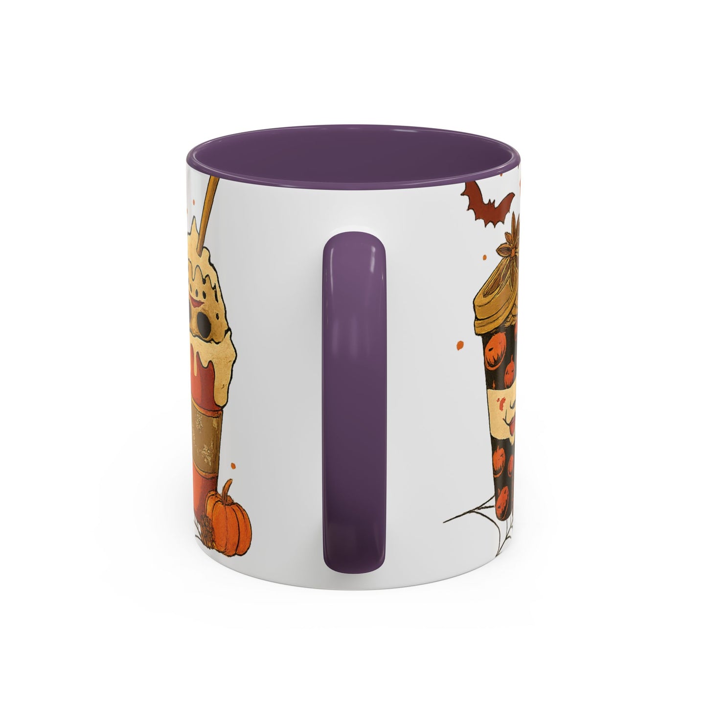 purple interior horror coffee mug back view with festive Halloween latte artwork