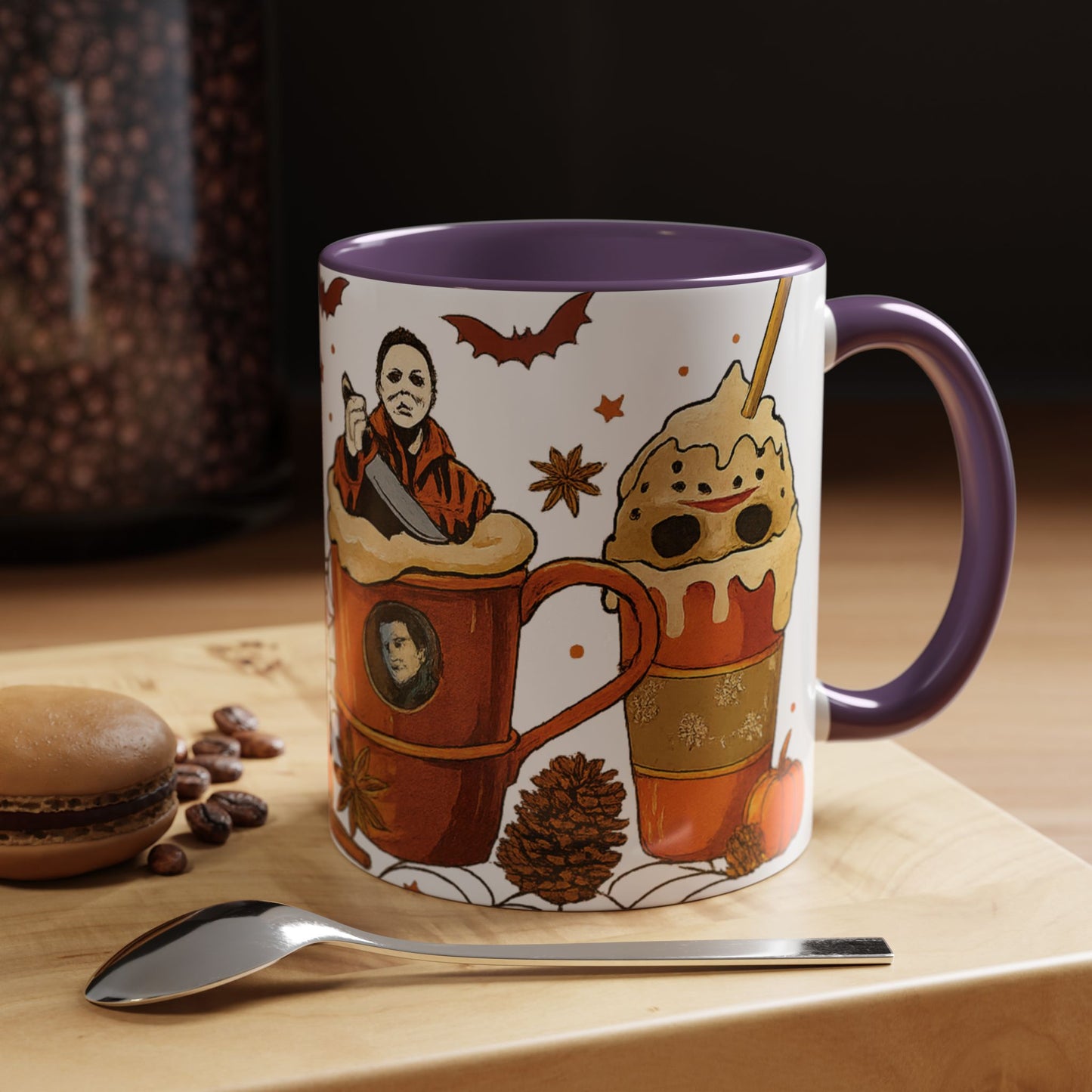 purple interior Halloween coffee mug with spooky horror characters inside fall latte drinks