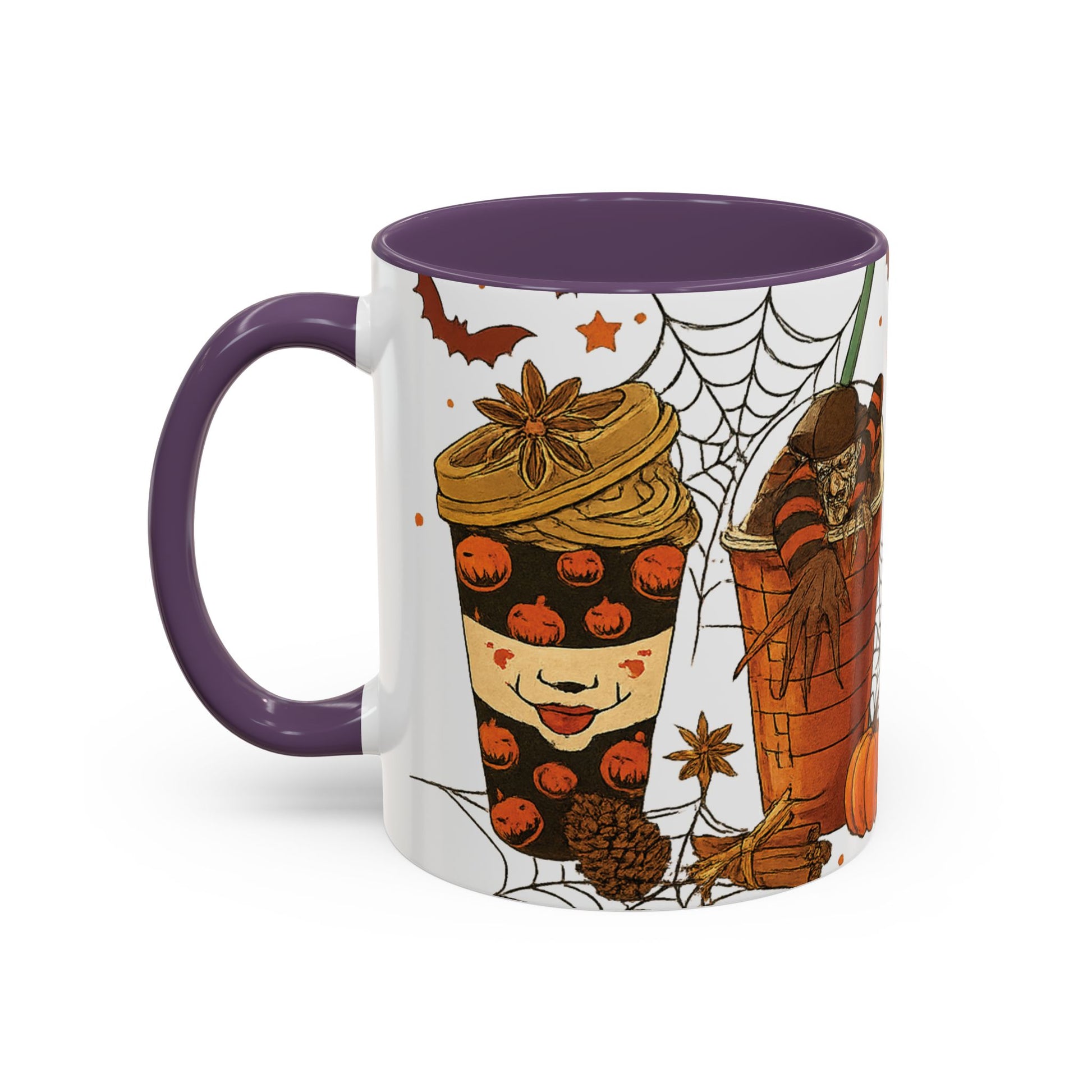 purple interior Halloween mug side view with creepy pumpkin clown cup design