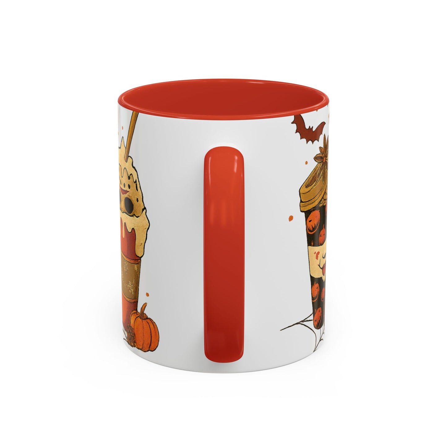 red interior horror coffee mug back view with festive Halloween latte artwork