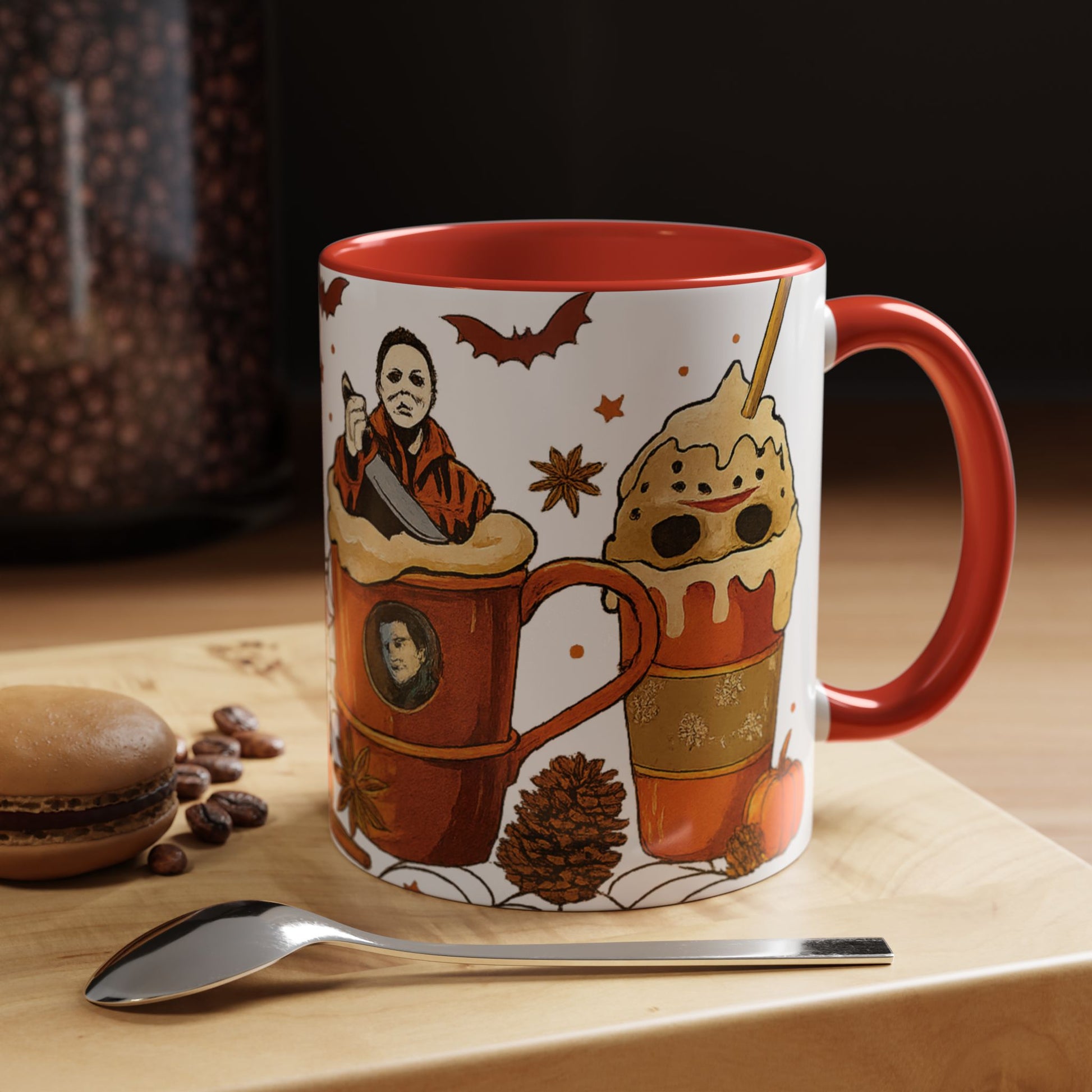 red interior Halloween coffee mug with spooky horror characters inside fall latte drinks