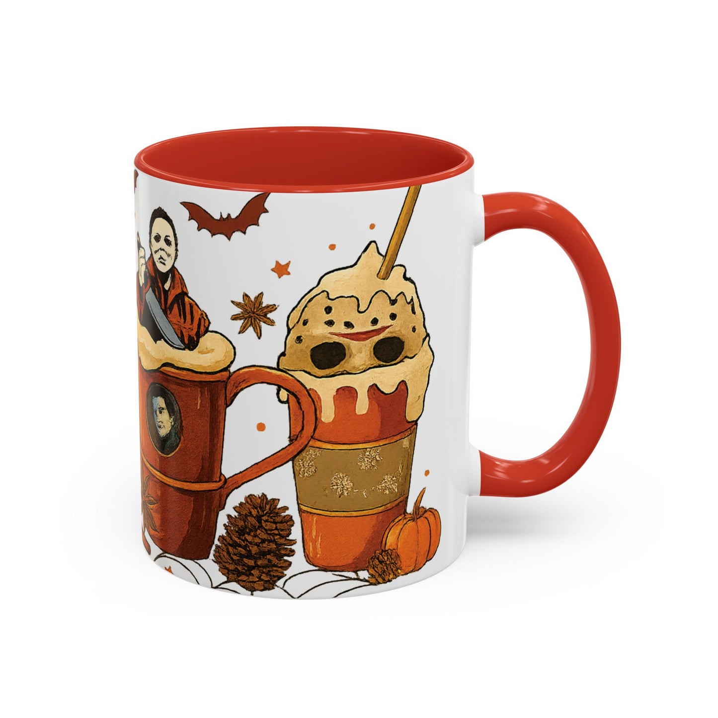 red interior horror coffee mug side view with whipped cream latte and spooky fall design