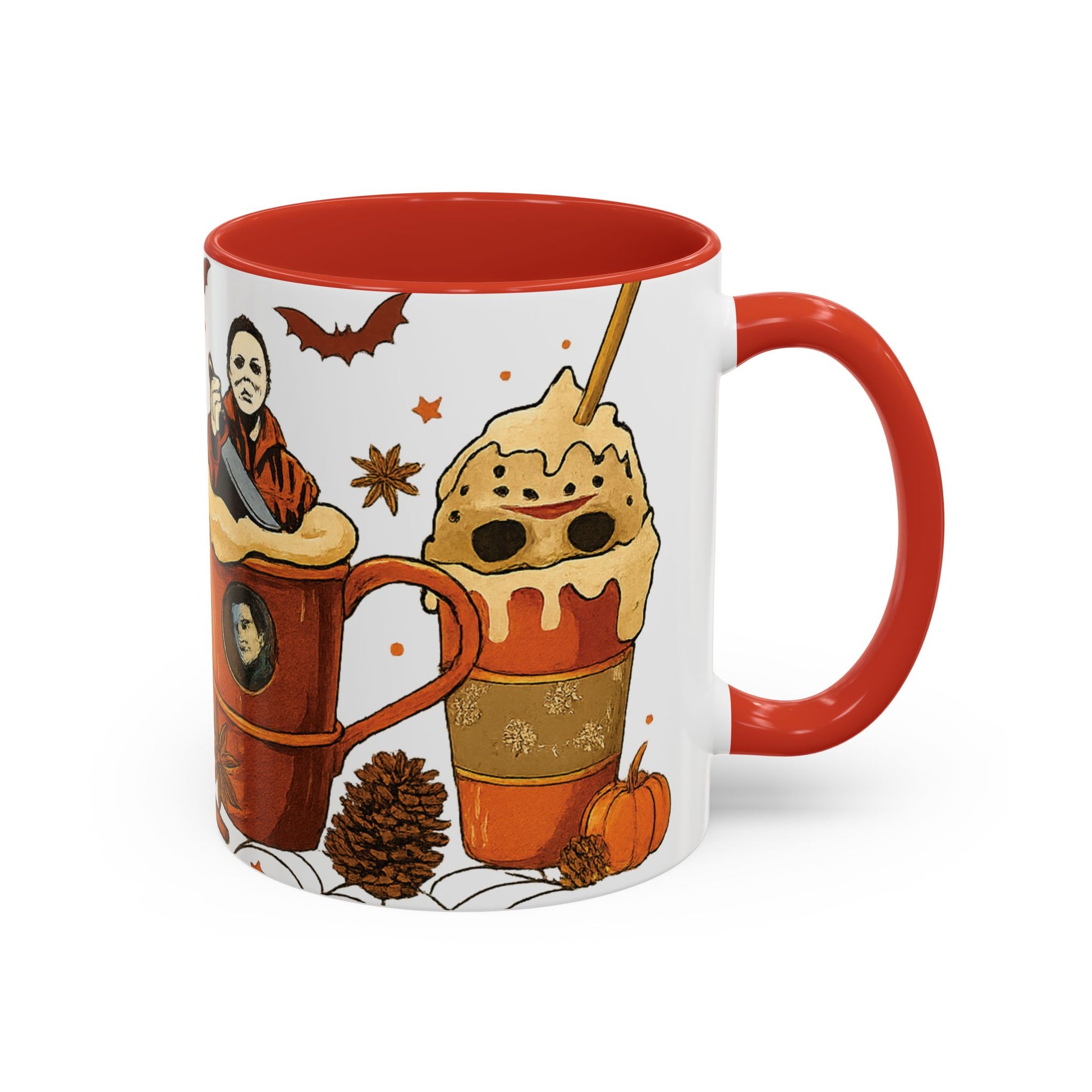 red interior horror coffee mug side view with whipped cream latte and spooky fall design
