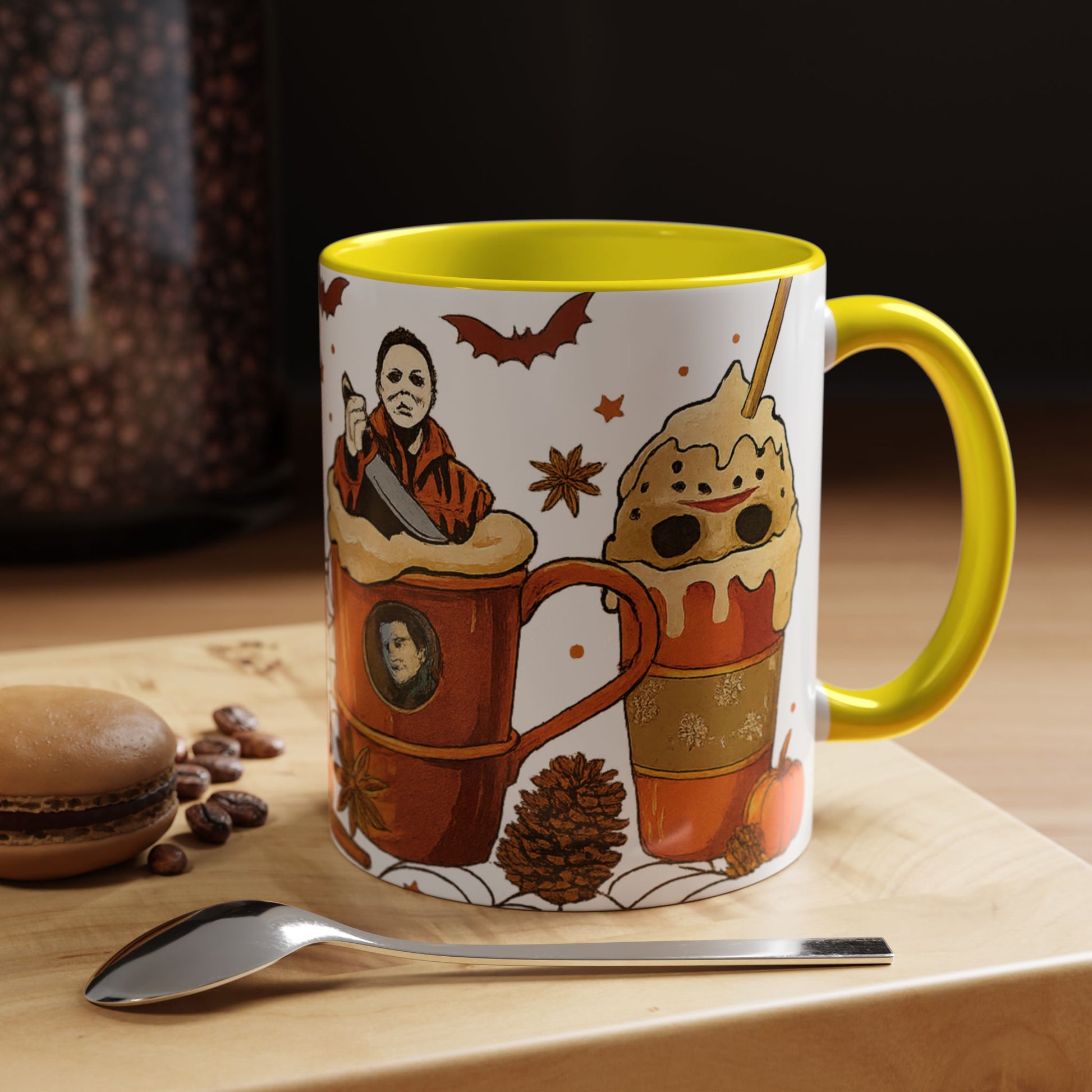 yellow interior Halloween coffee mug with spooky horror characters inside fall latte drinks
