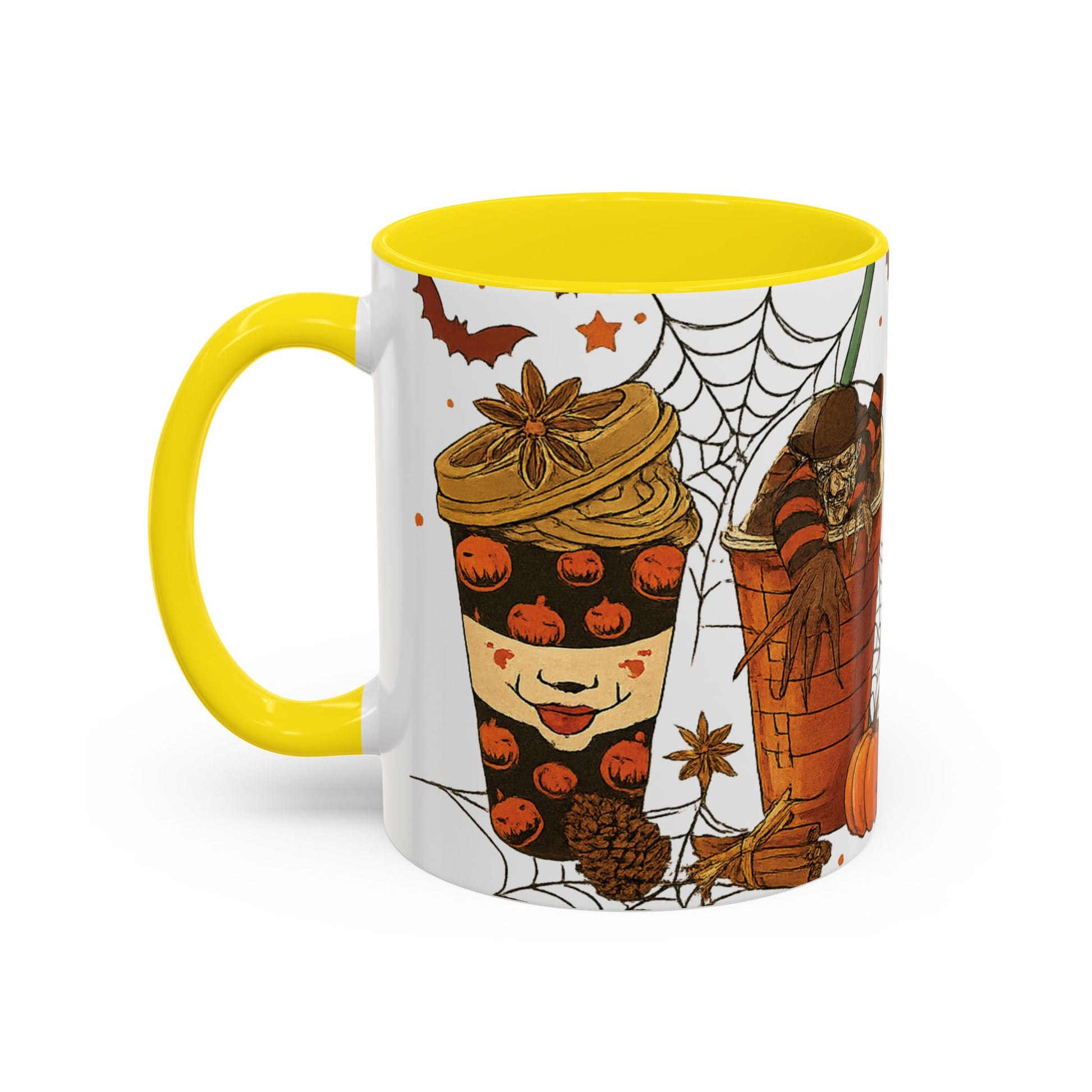 yellow interior Halloween mug side view with creepy pumpkin clown cup design