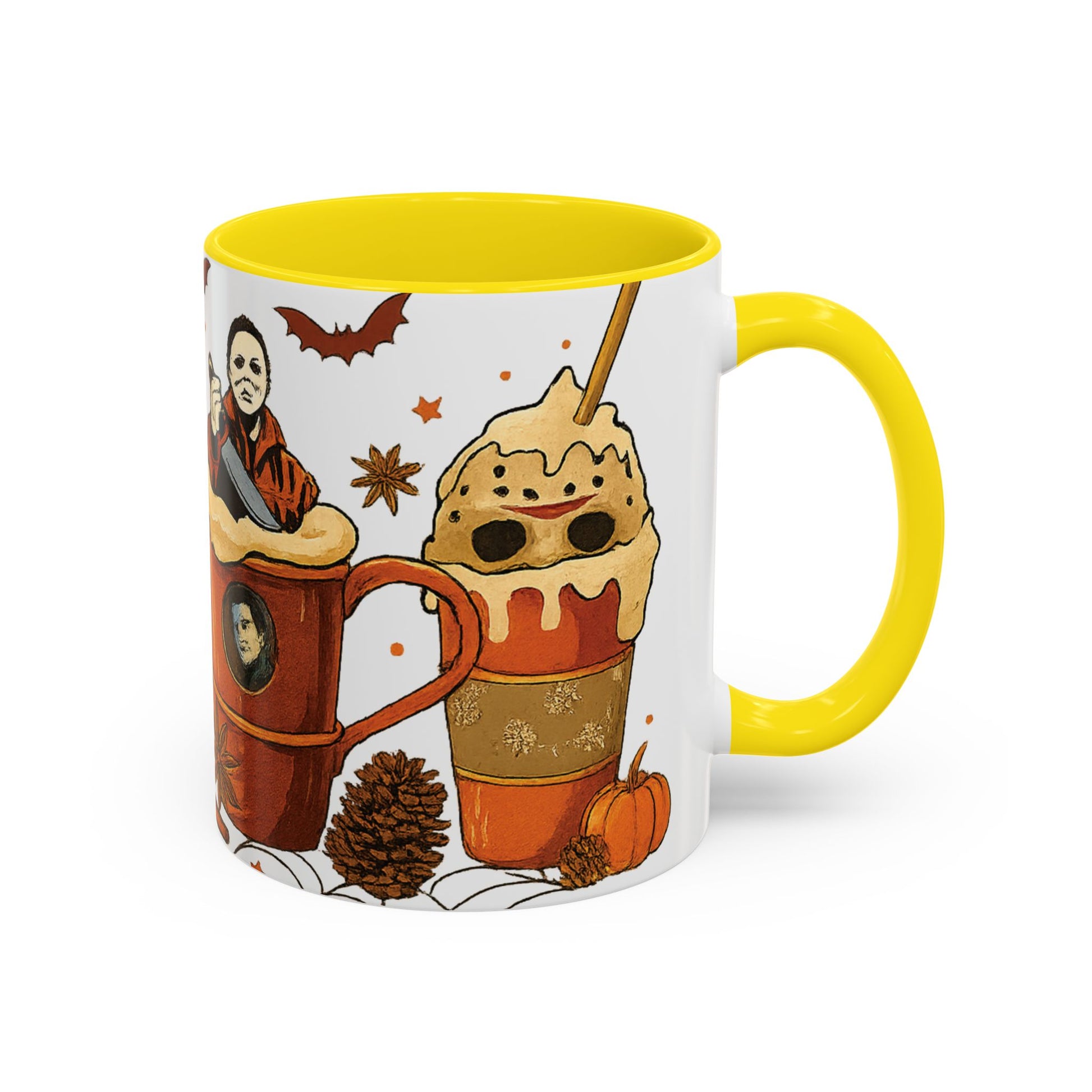 yellow interior horror coffee mug side view with whipped cream latte and spooky fall design