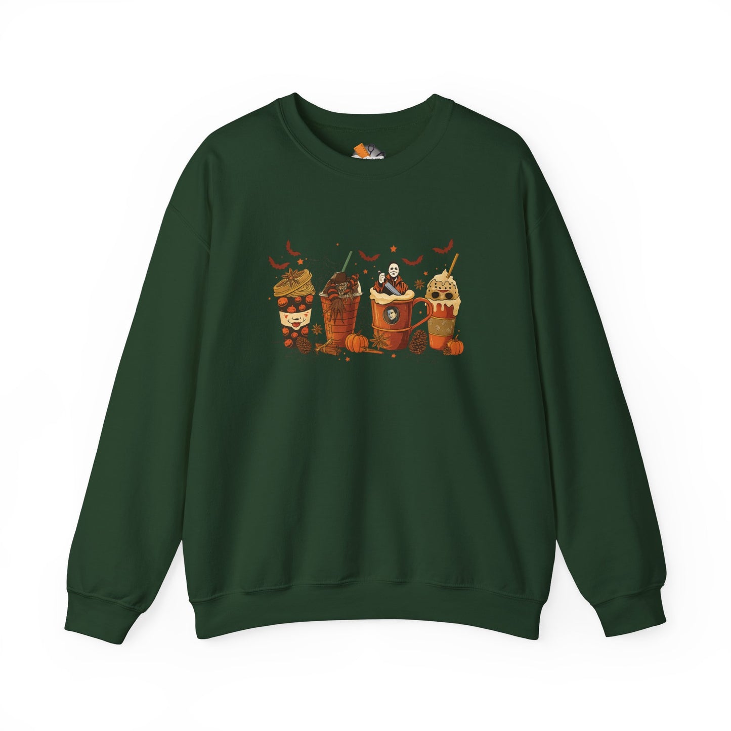 Dark green Halloween horror drinks crewneck sweatshirt with spooky coffee cup design featuring horror movie characters and fall accents.