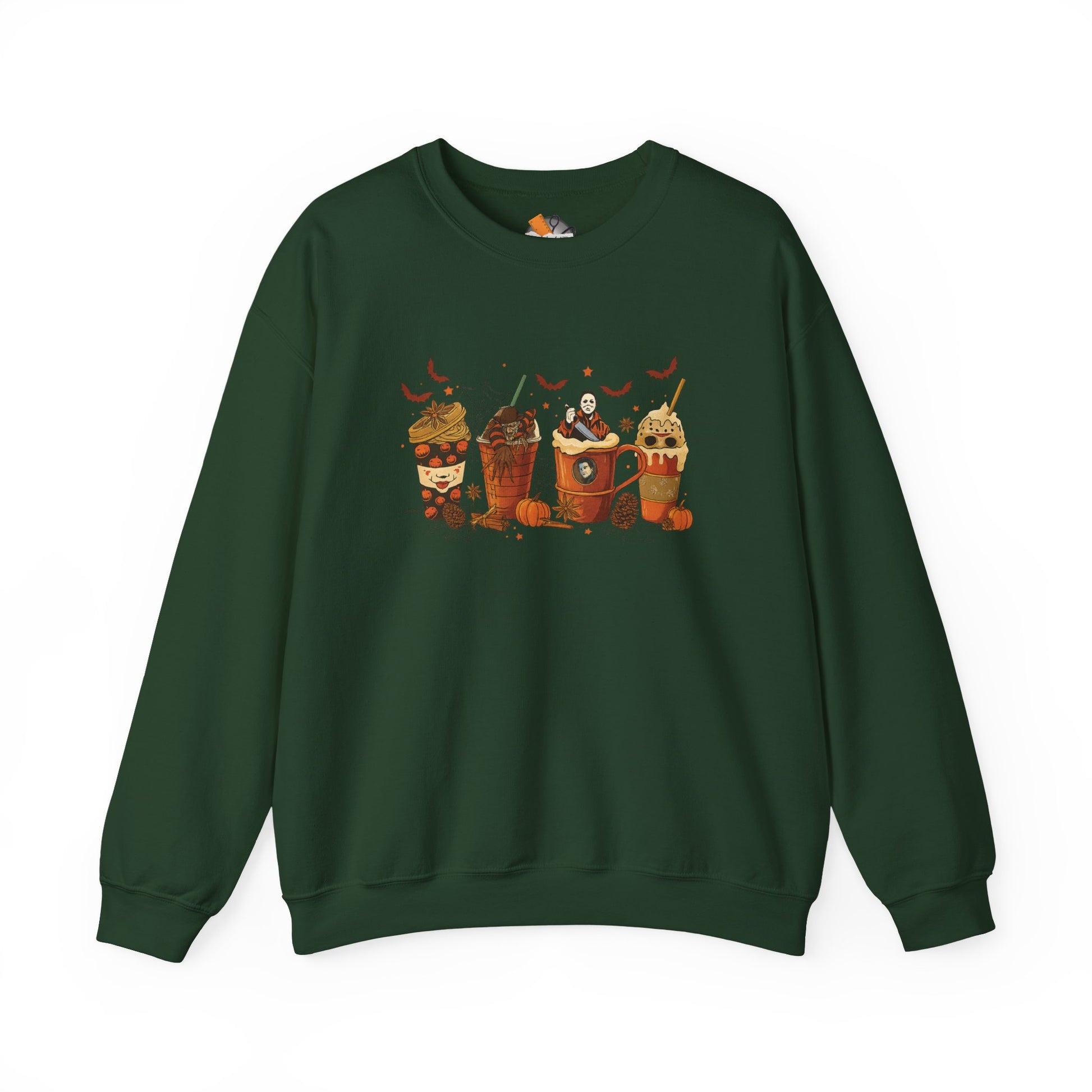 Dark green Halloween horror drinks crewneck sweatshirt with spooky coffee cup design featuring horror movie characters and fall accents.