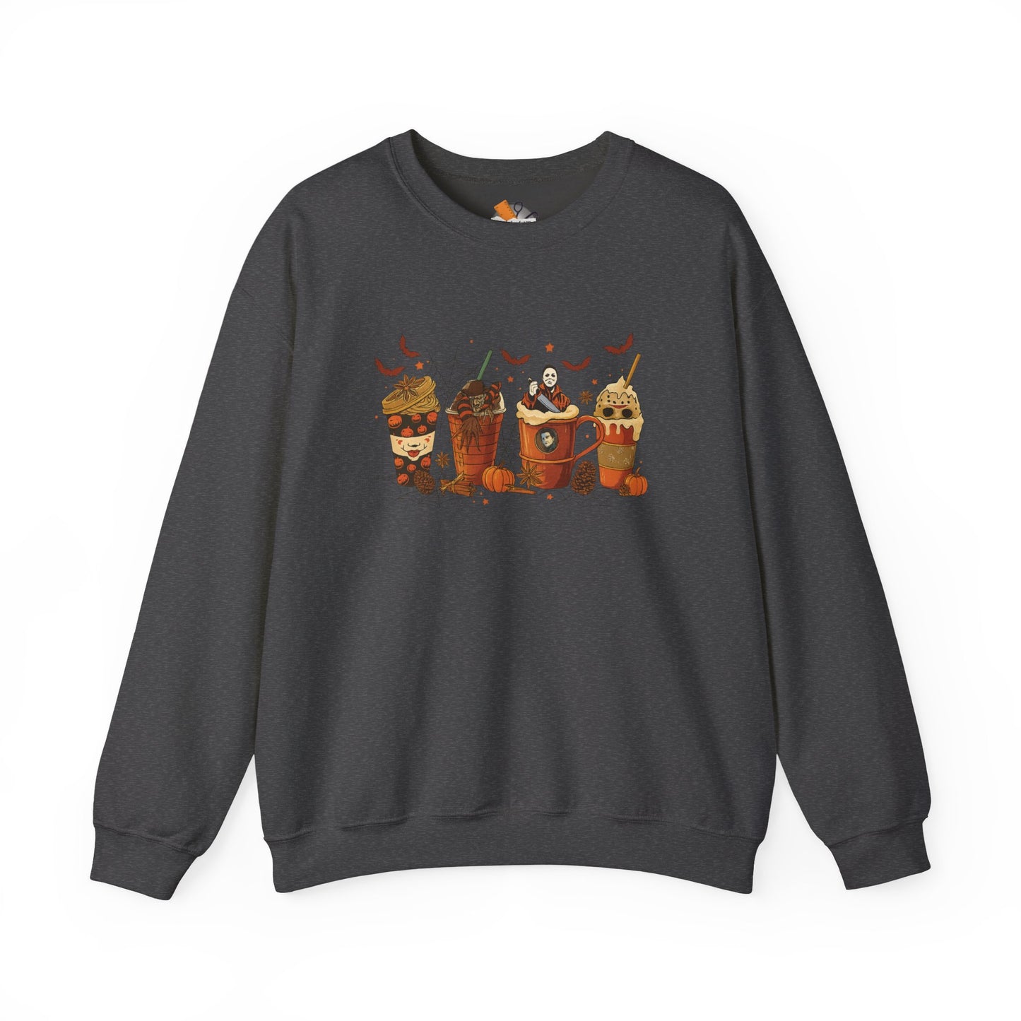 Dark heather gray crewneck sweatshirt with Halloween horror drinks design, featuring scary movie characters in festive coffee cups.