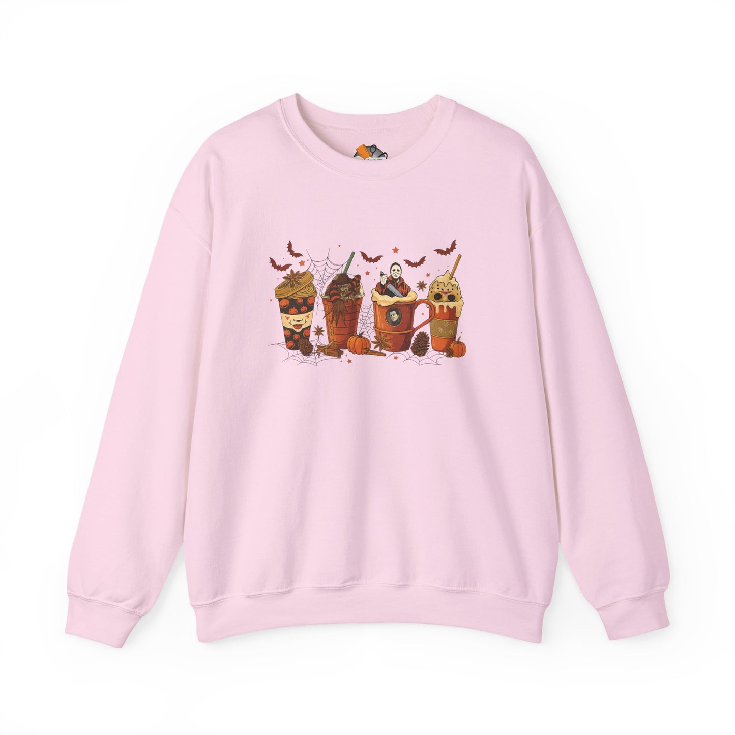 Light pink crewneck sweatshirt with Halloween horror drinks print, featuring horror characters in spooky fall coffee cups.