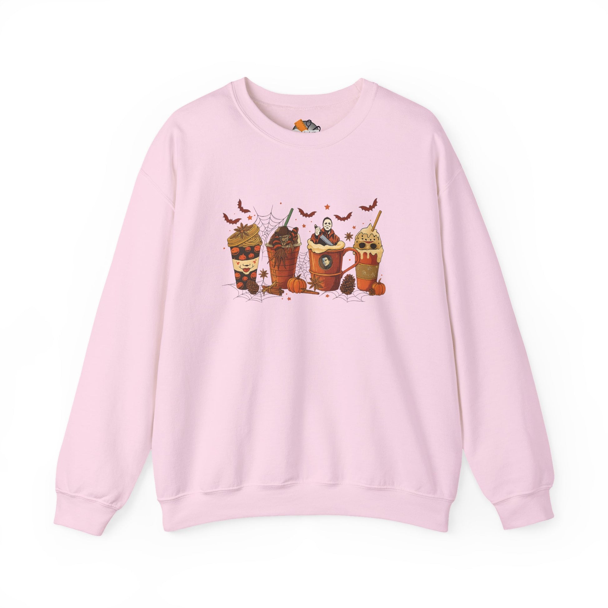 Light pink crewneck sweatshirt with Halloween horror drinks print, featuring horror characters in spooky fall coffee cups.