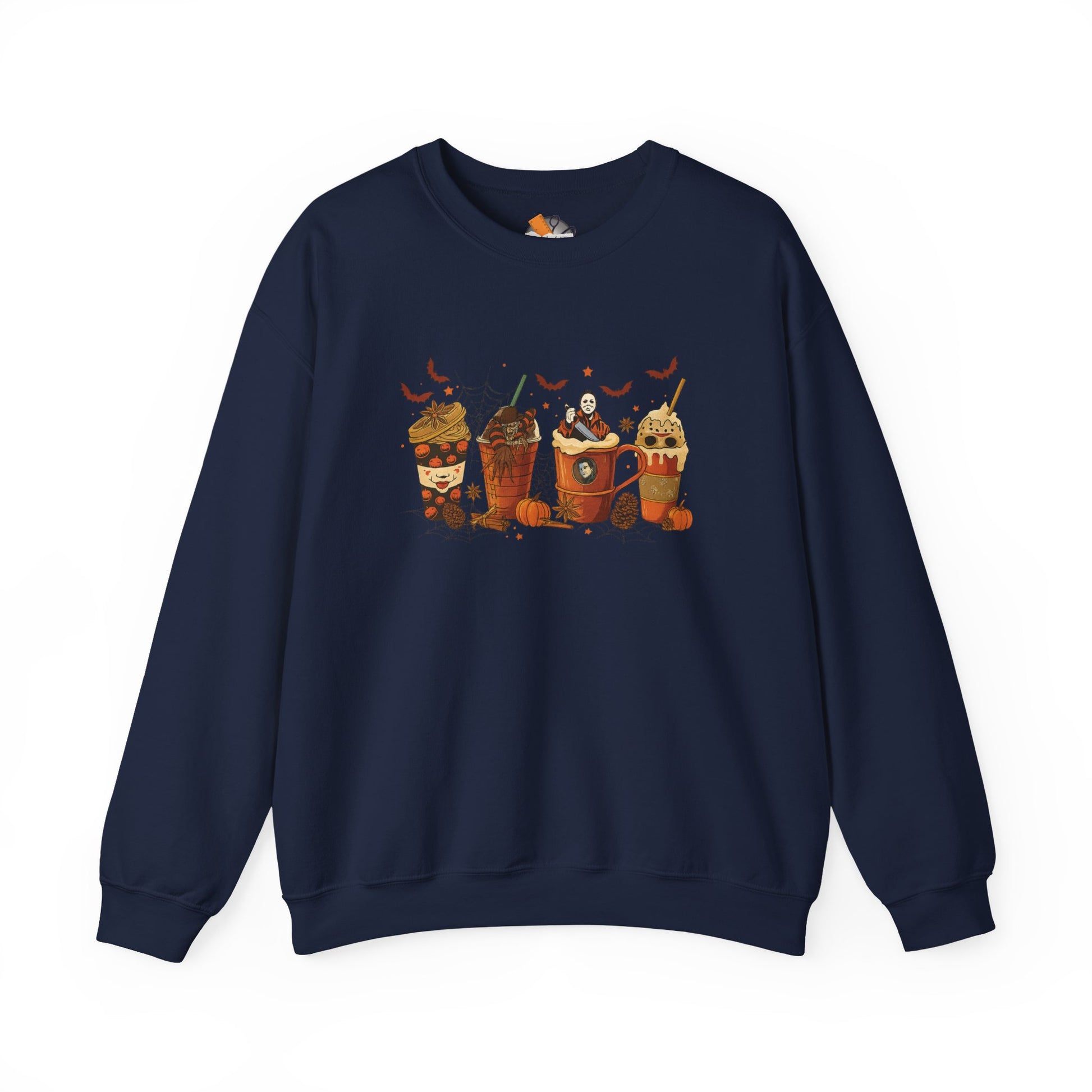 Navy blue Halloween horror drinks crewneck sweatshirt with creepy coffee cup design and horror icons, cozy fall apparel.