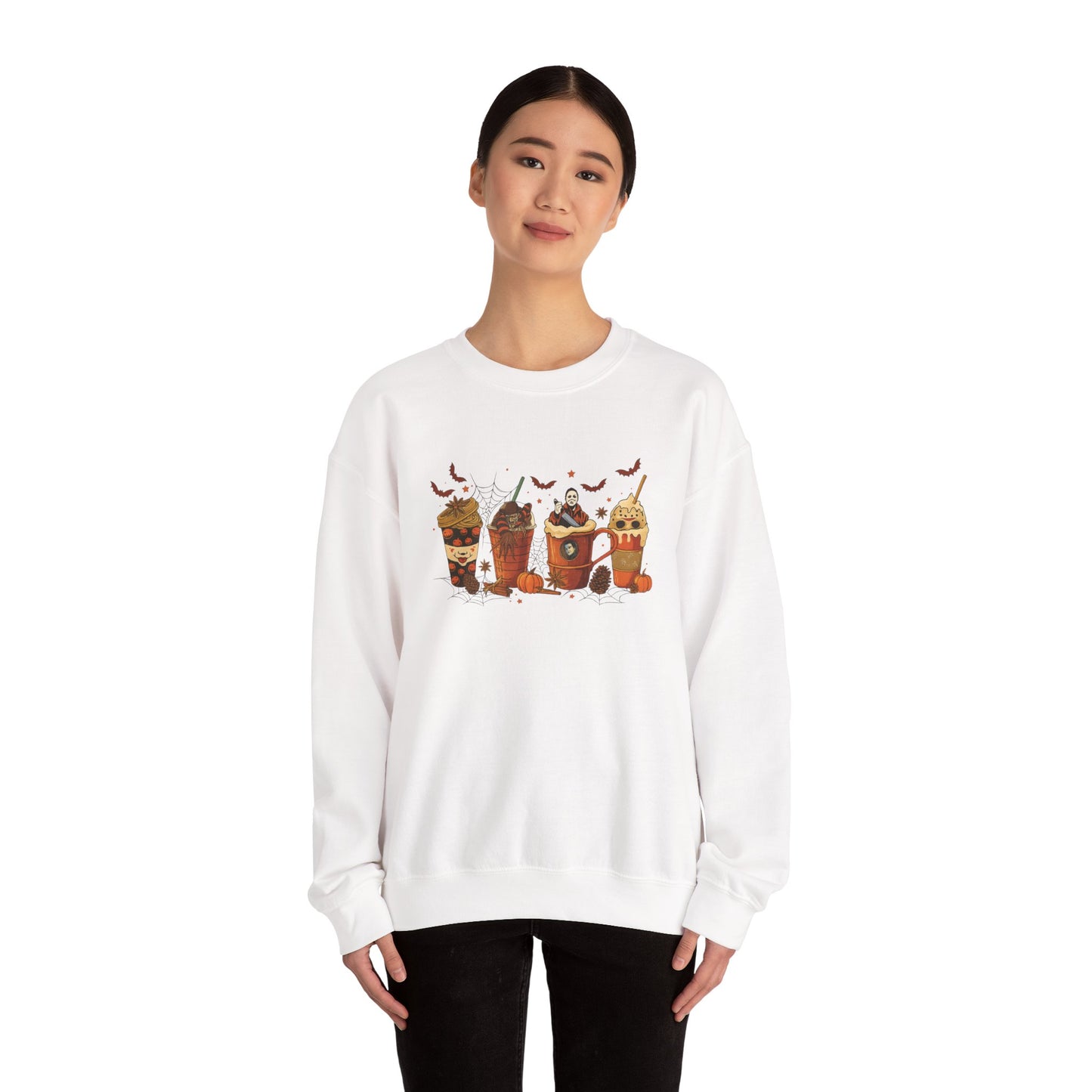 Woman wearing white Halloween horror drinks crewneck sweatshirt with horror coffee cups and festive fall theme.