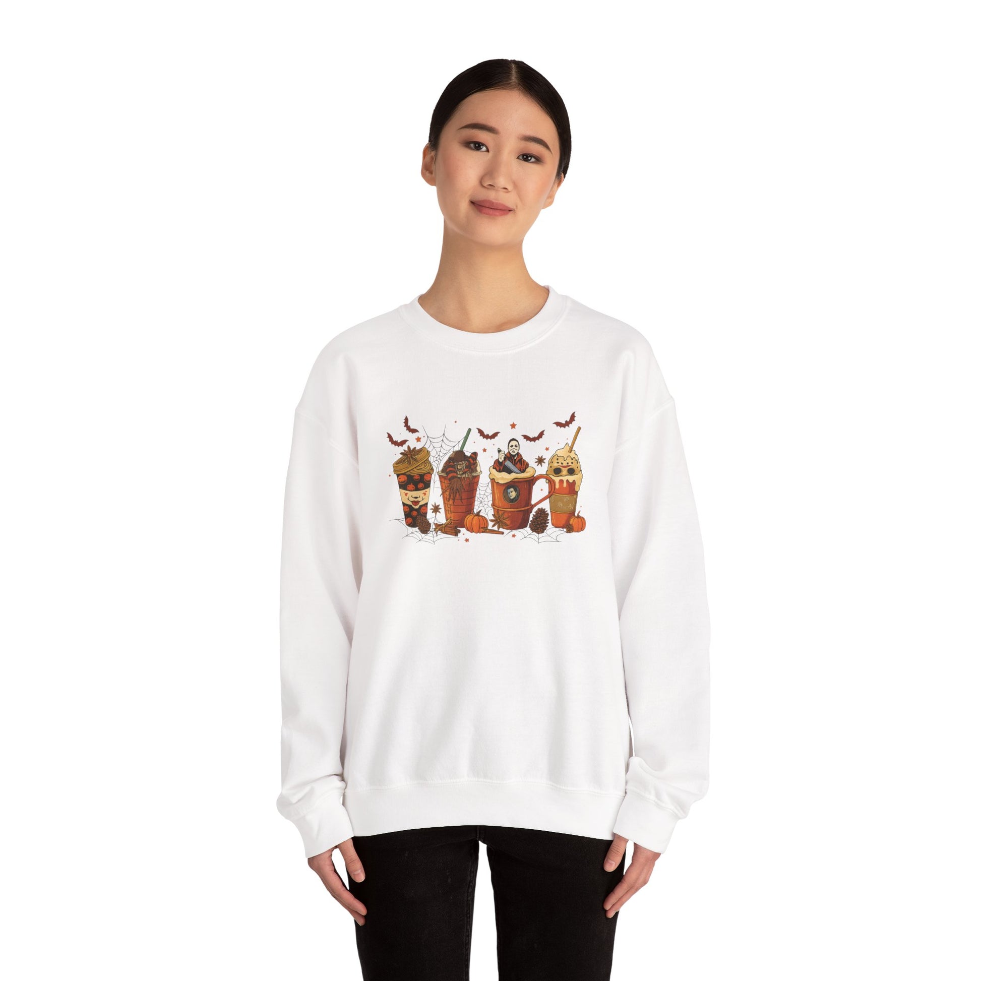 Woman wearing white Halloween horror drinks crewneck sweatshirt with horror coffee cups and festive fall theme.