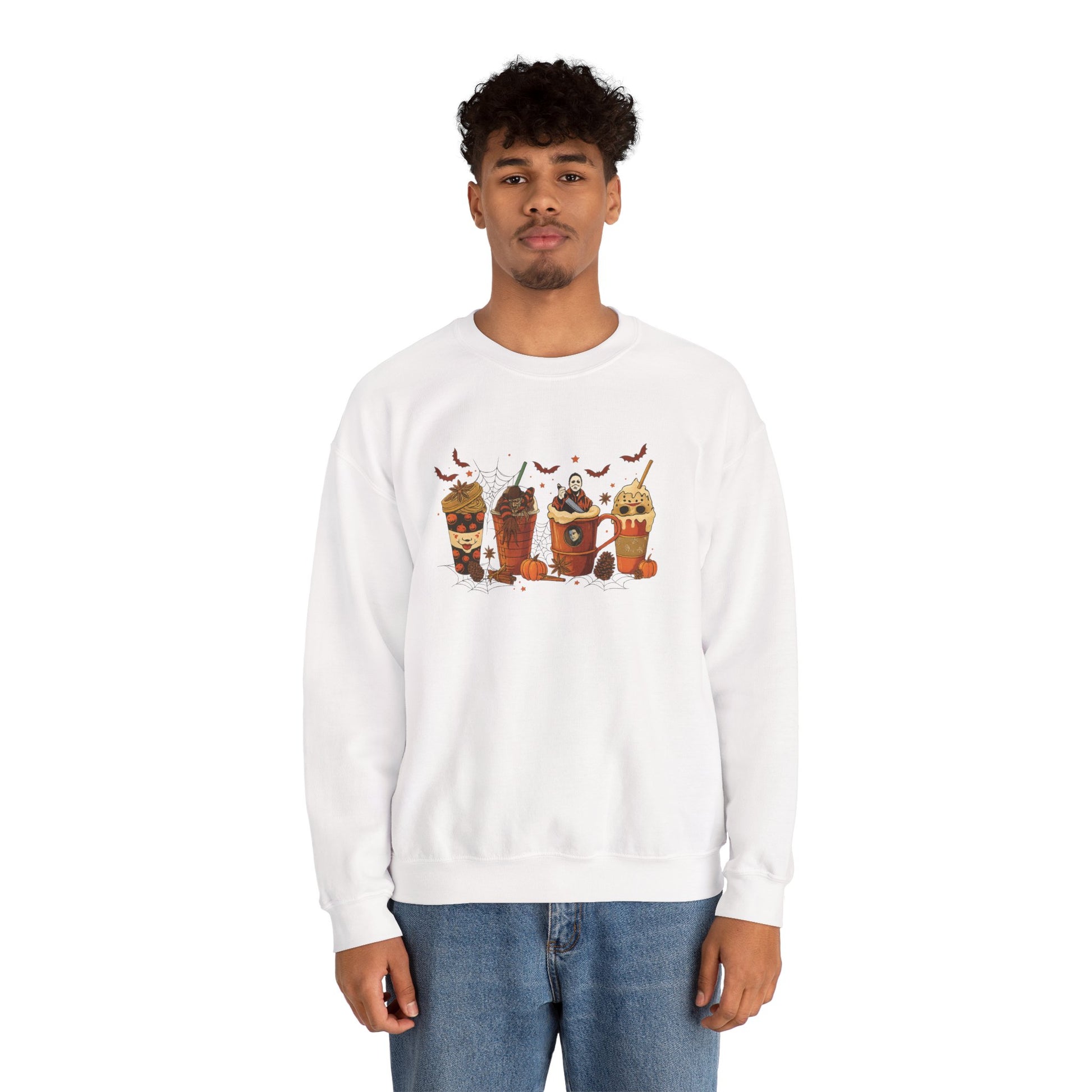 Man wearing white Halloween horror drinks crewneck sweatshirt featuring spooky coffee cups with horror movie icons.