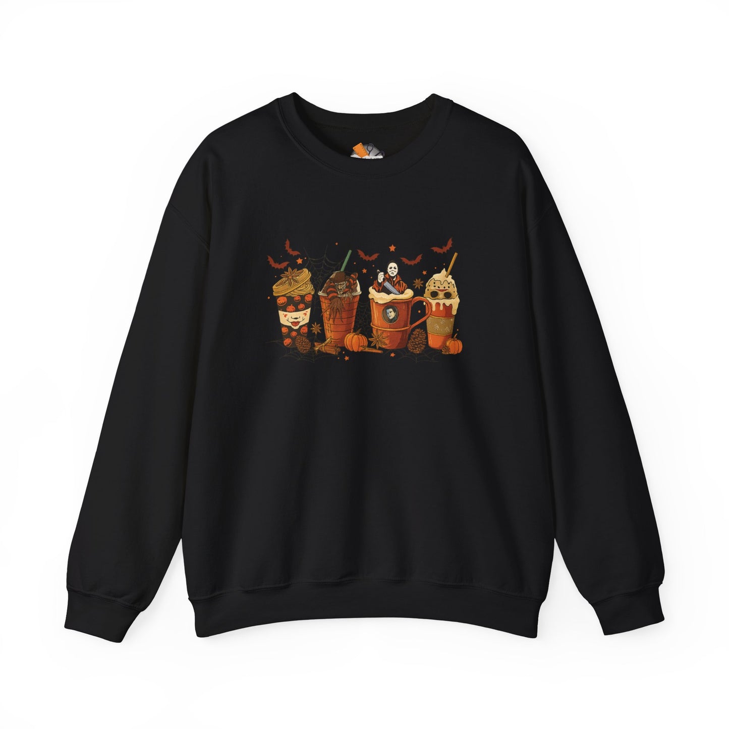 Black Halloween crewneck sweatshirt with horror character coffee cup print