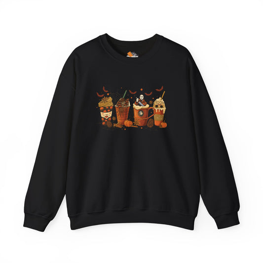 Black Halloween crewneck sweatshirt with horror character coffee cup print