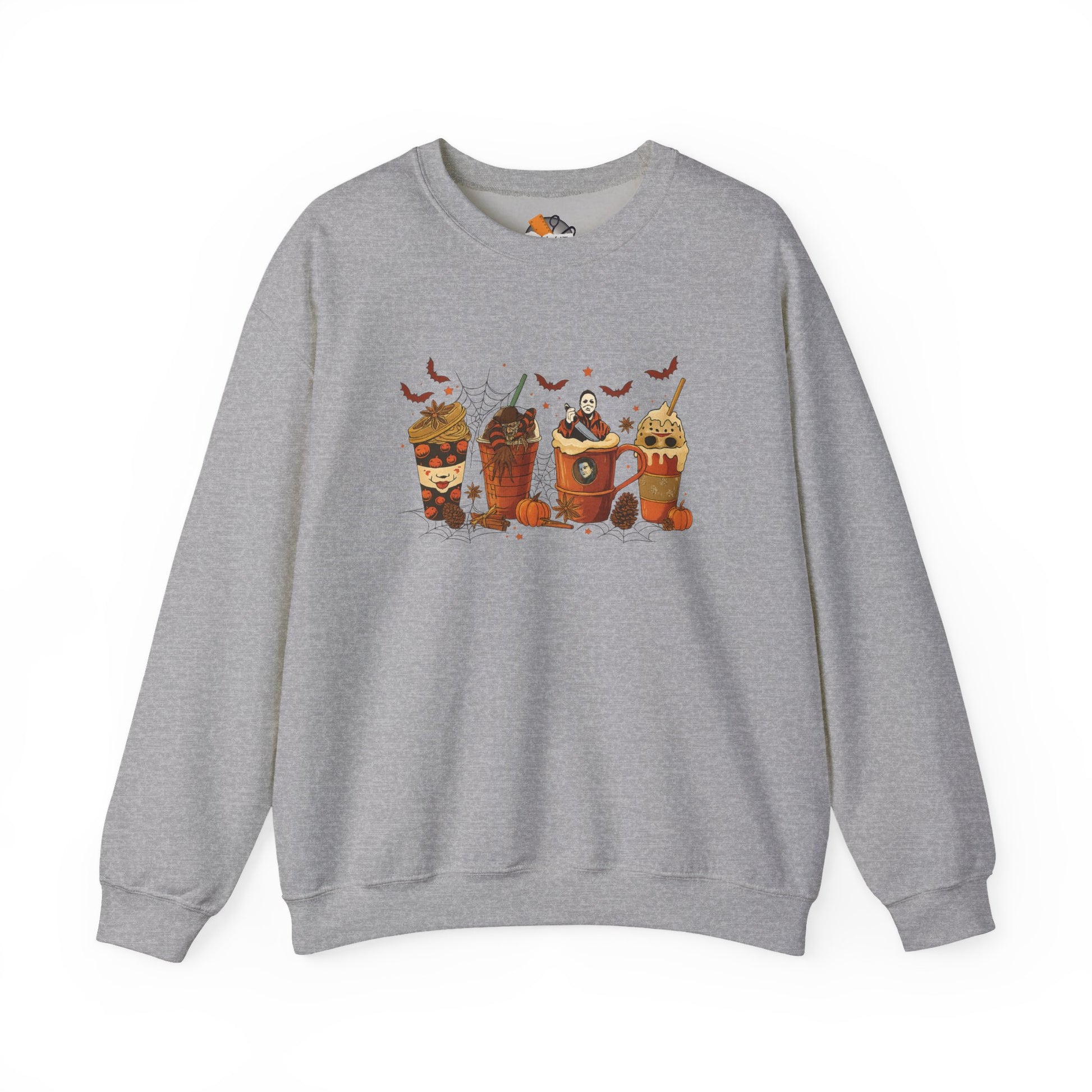 Gray horror movie crewneck sweatshirt with spooky Halloween coffee drinks print
