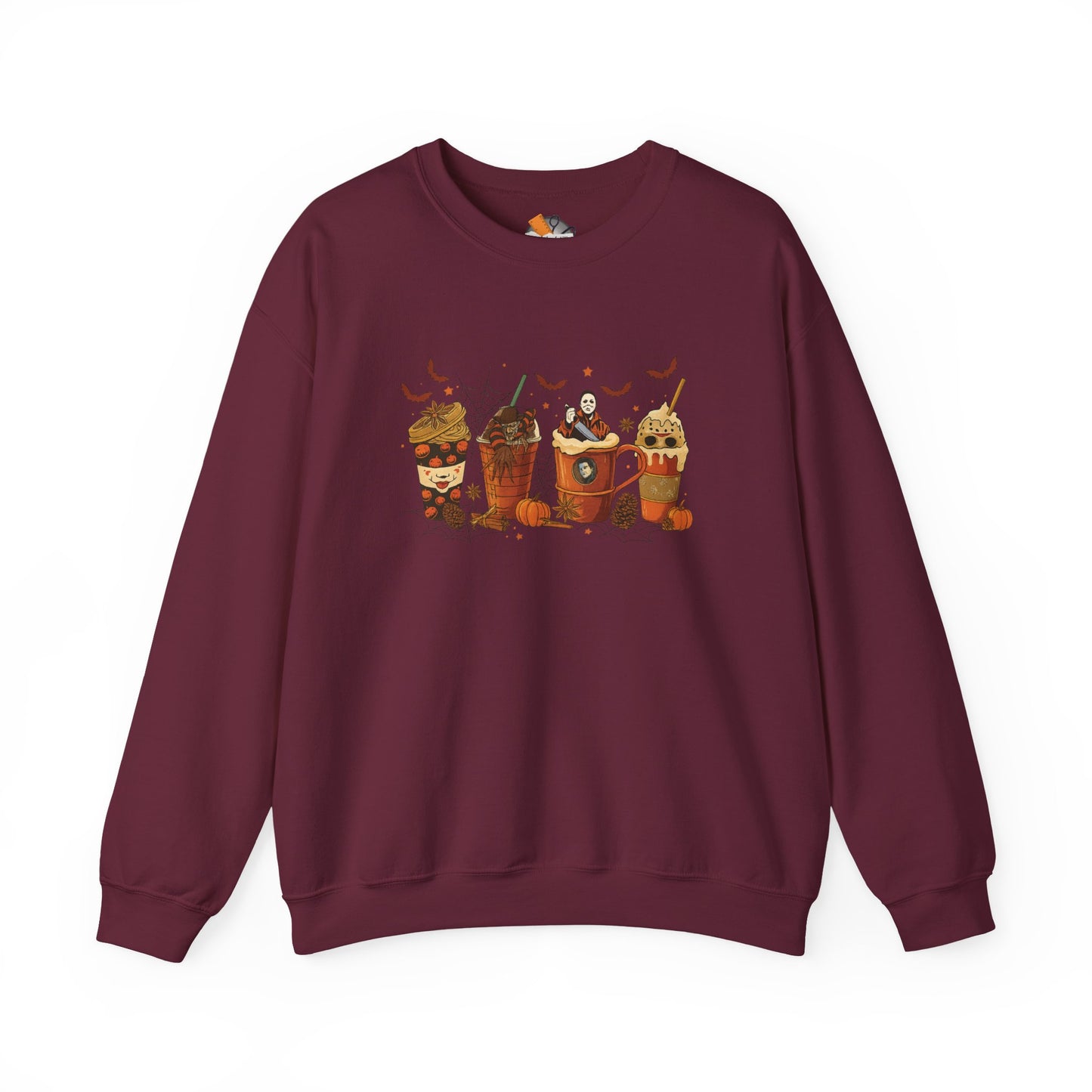 Maroon Halloween sweatshirt featuring horror movie characters in coffee cup design