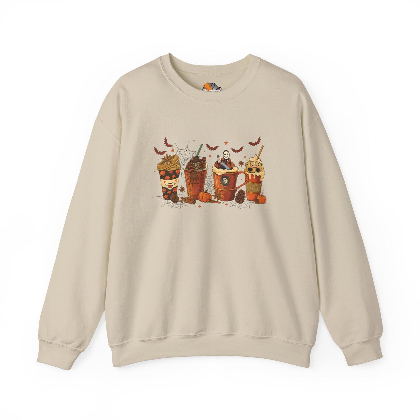 Beige Halloween sweatshirt with scary movie coffee cup and pumpkin design